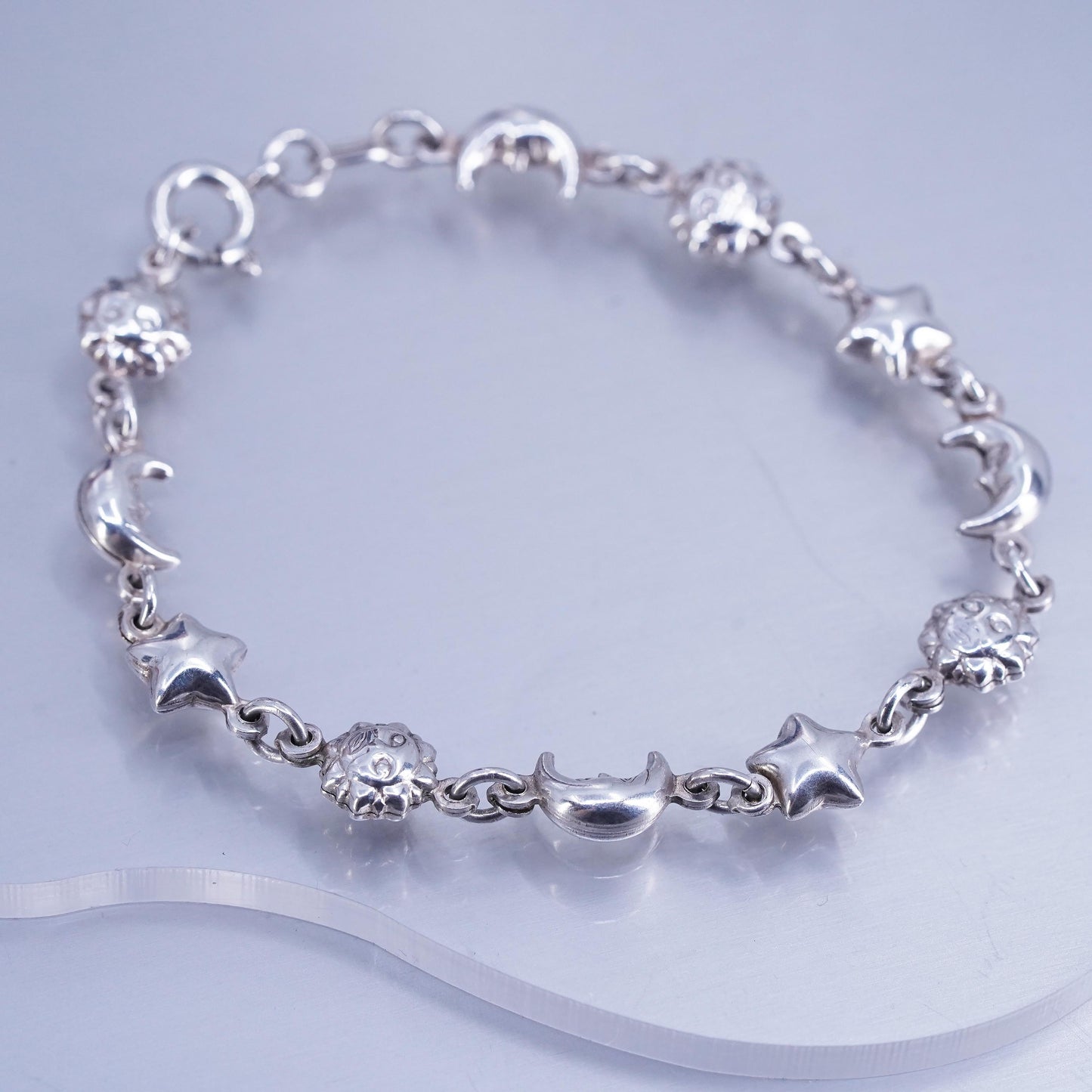 6.75”, Sterling 925 silver handmade puffy star moon sun chain bracelet