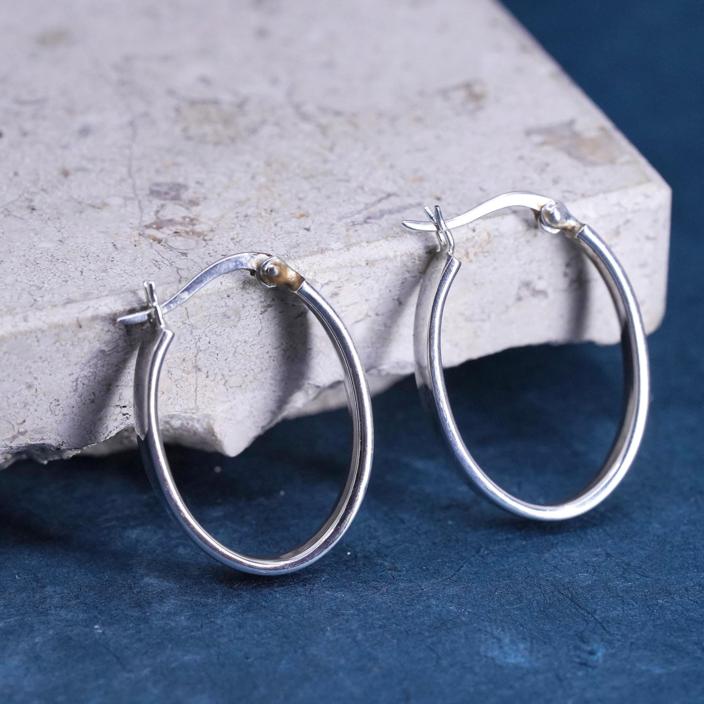 1”, vintage Sterling silver handmade earrings, 925 oval huggie hoops