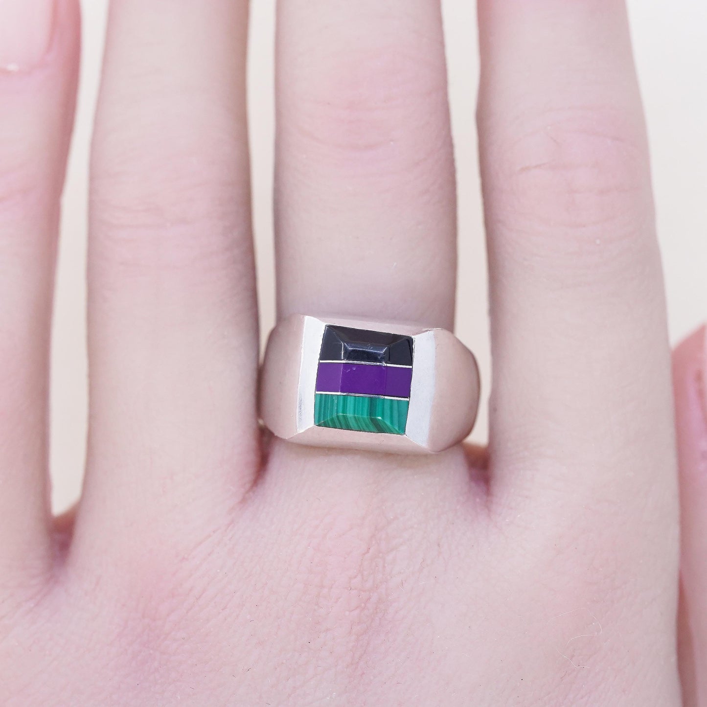 Size 9, Vintage Mexican Sterling Silver Inlay Ring, Black Onyx Malachite Signet