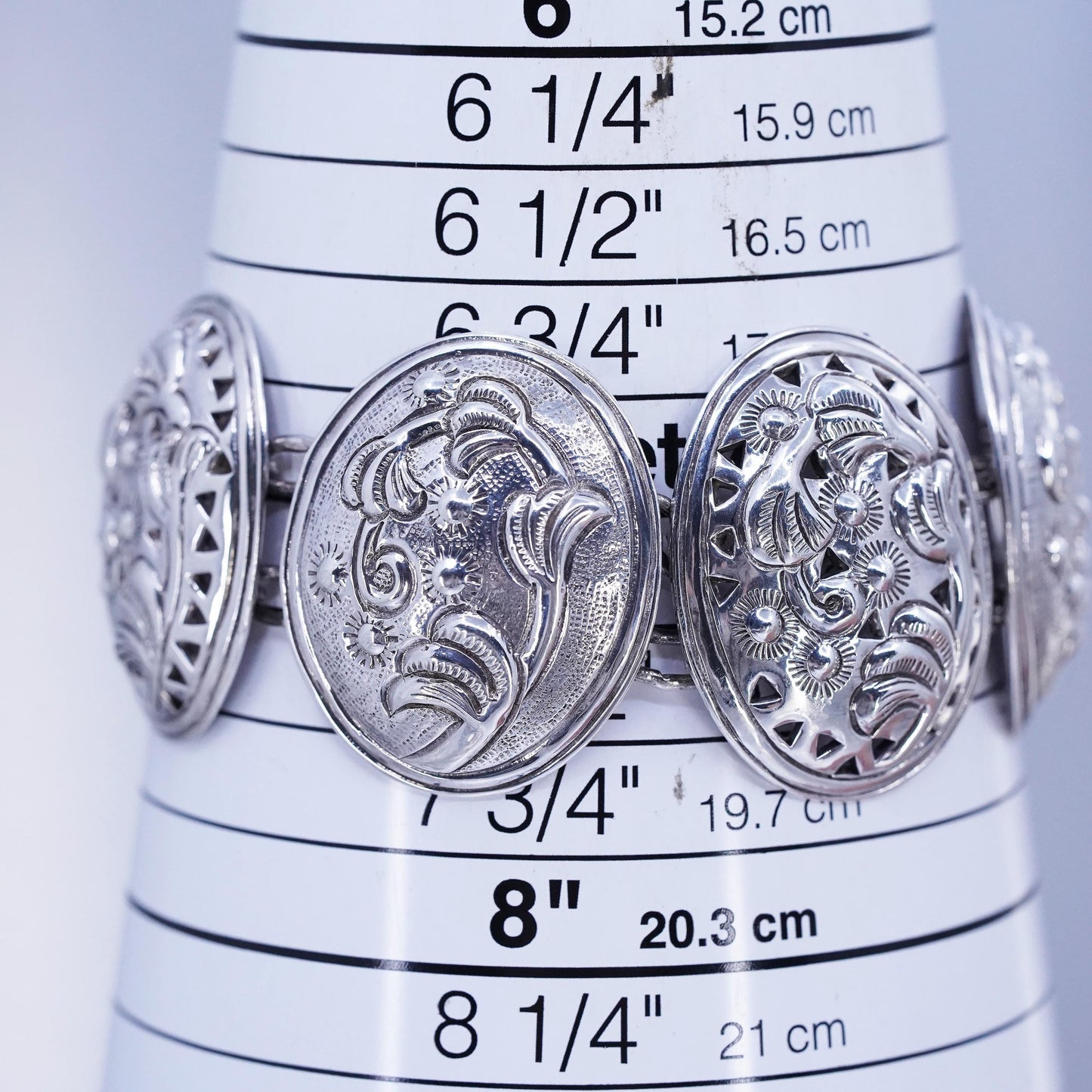 Designer DS Sterling Silver 925 Floral Oval Chain Linked 7" 6 Station Bracelet