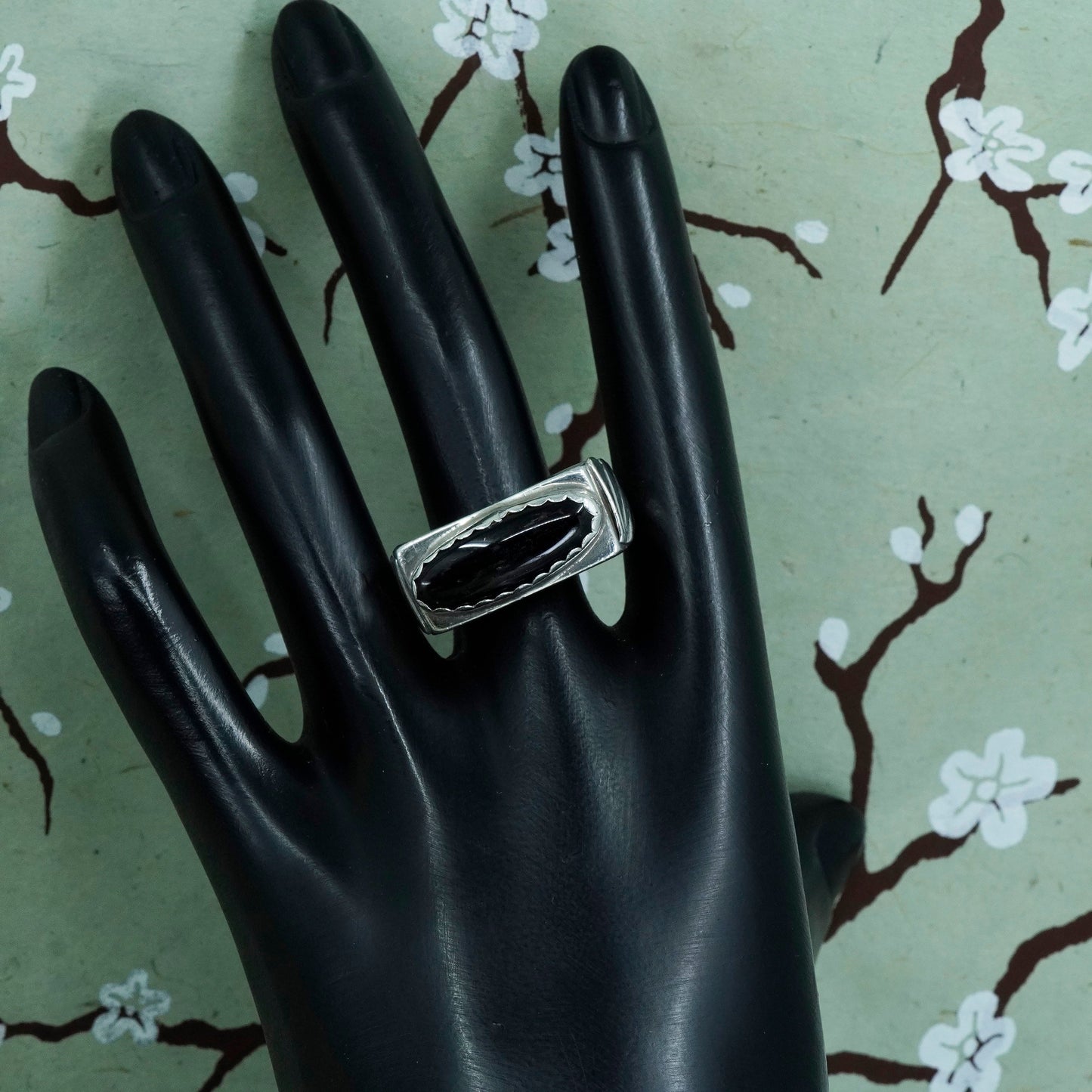 Size 13, Native American sterling silver ring, 925 band with onyx, Southwestern