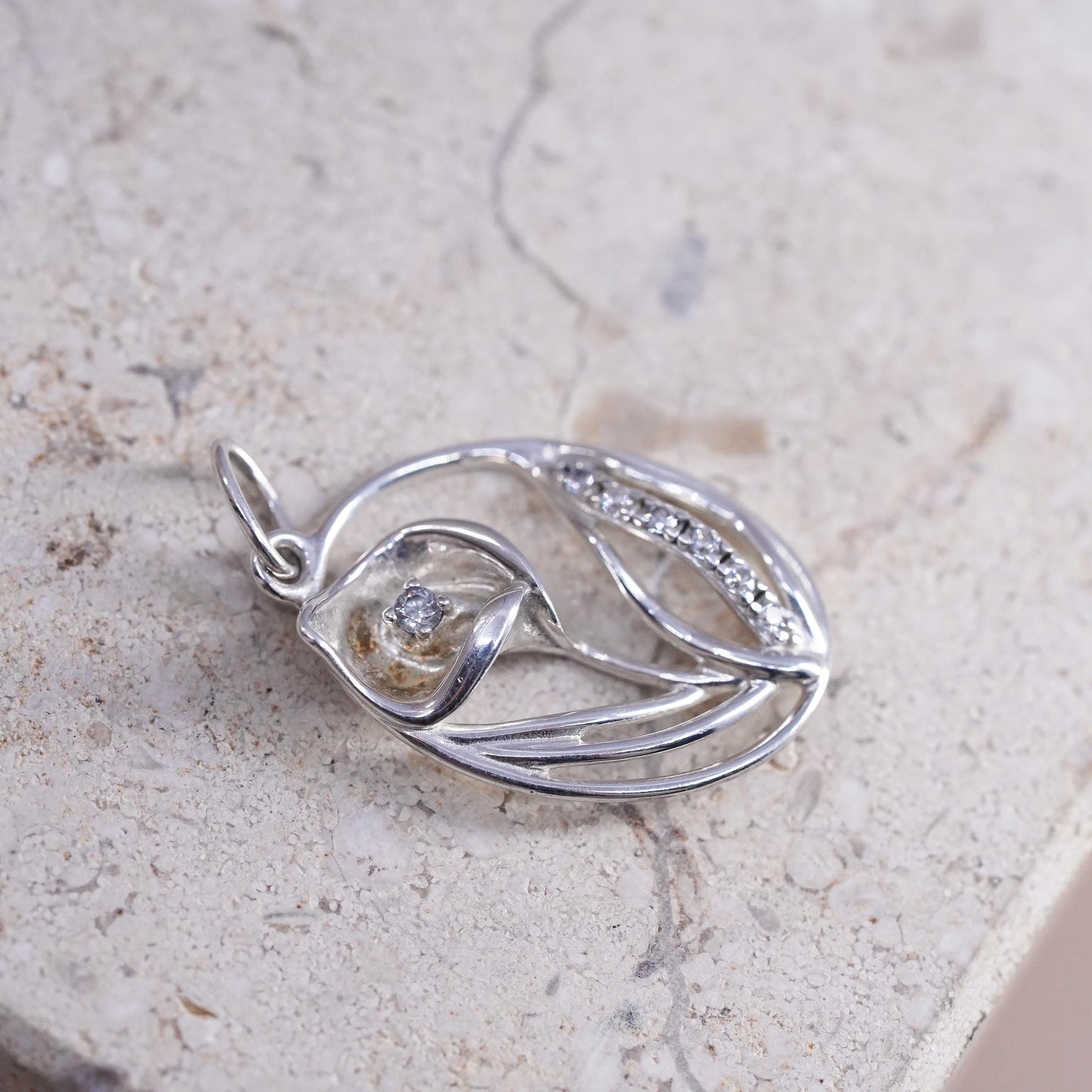 Vintage Sterling silver handmade pendant, 925 lily flower with cz