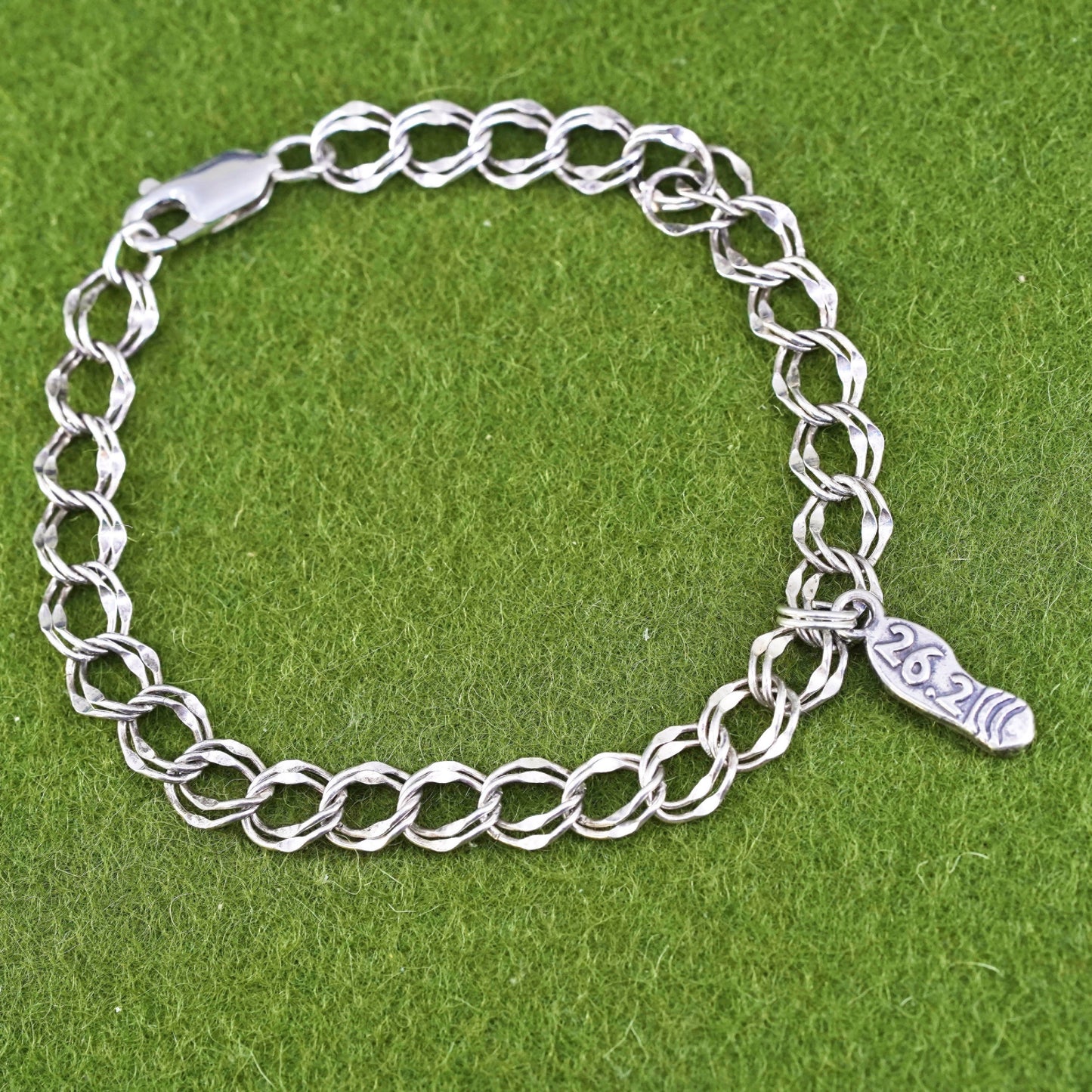 7.5”, sterling silver double curb bracelet, 925 chain with 26.2 sandal charm
