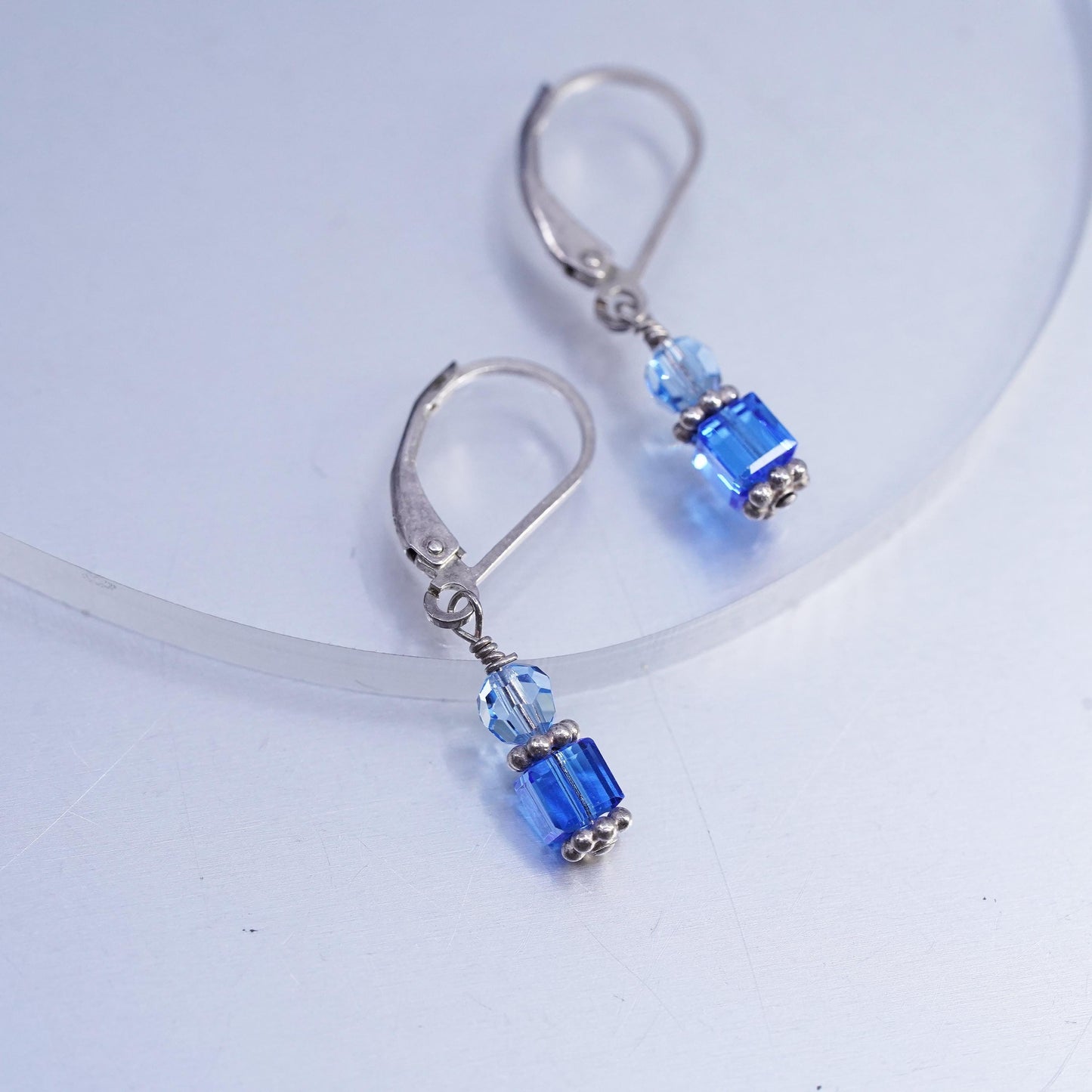 Vintage Sterling 925 silver earrings with blue crystal cube