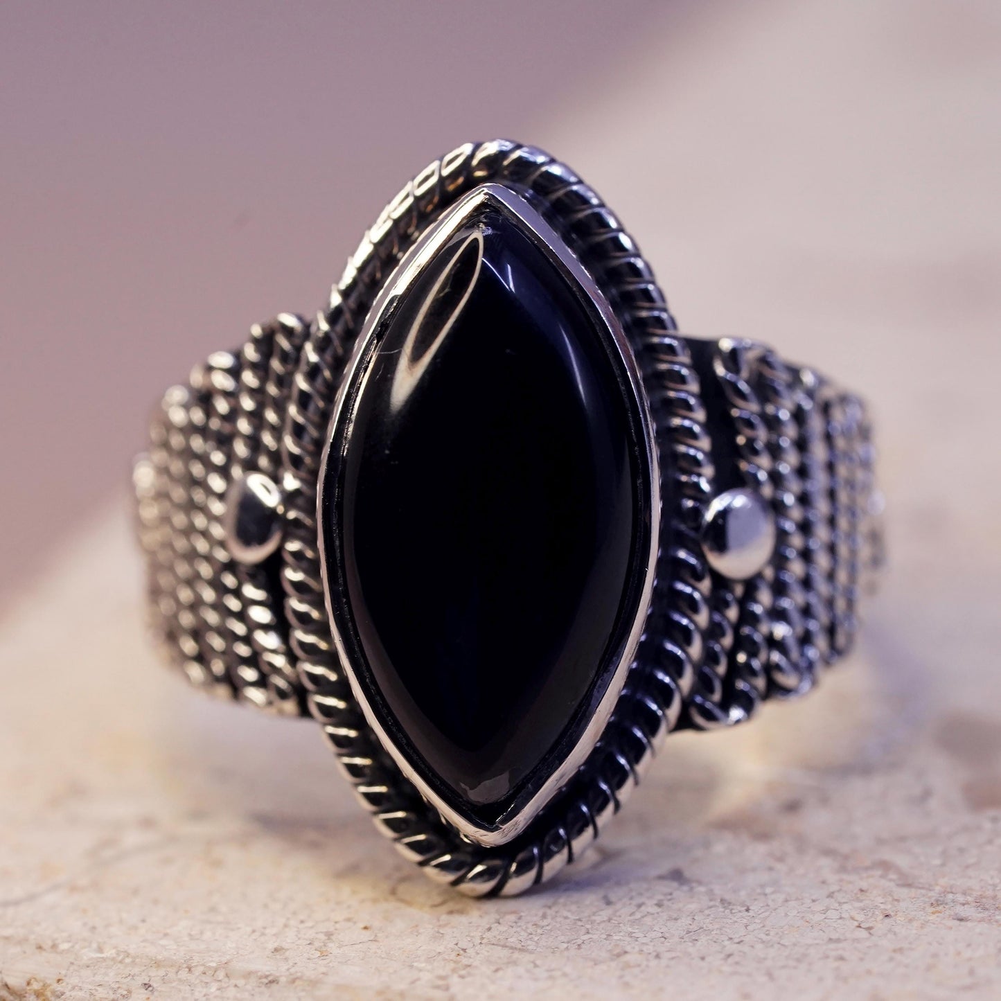 Size 10.75, vintage YS Sterling 925 silver ring marquise shaped onyx and cable