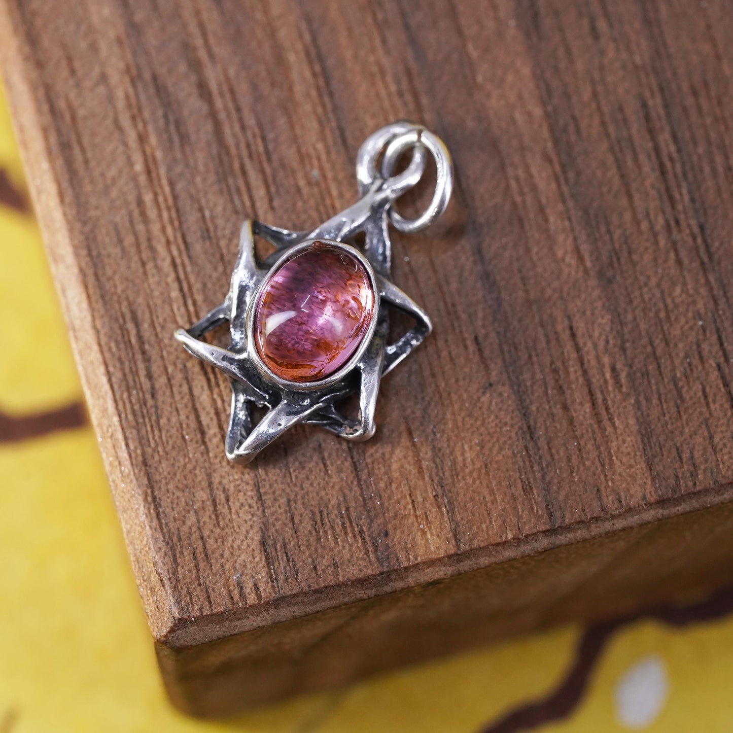 Vintage Sterling 925 silver handmade hexagram star pendant with pink crystal