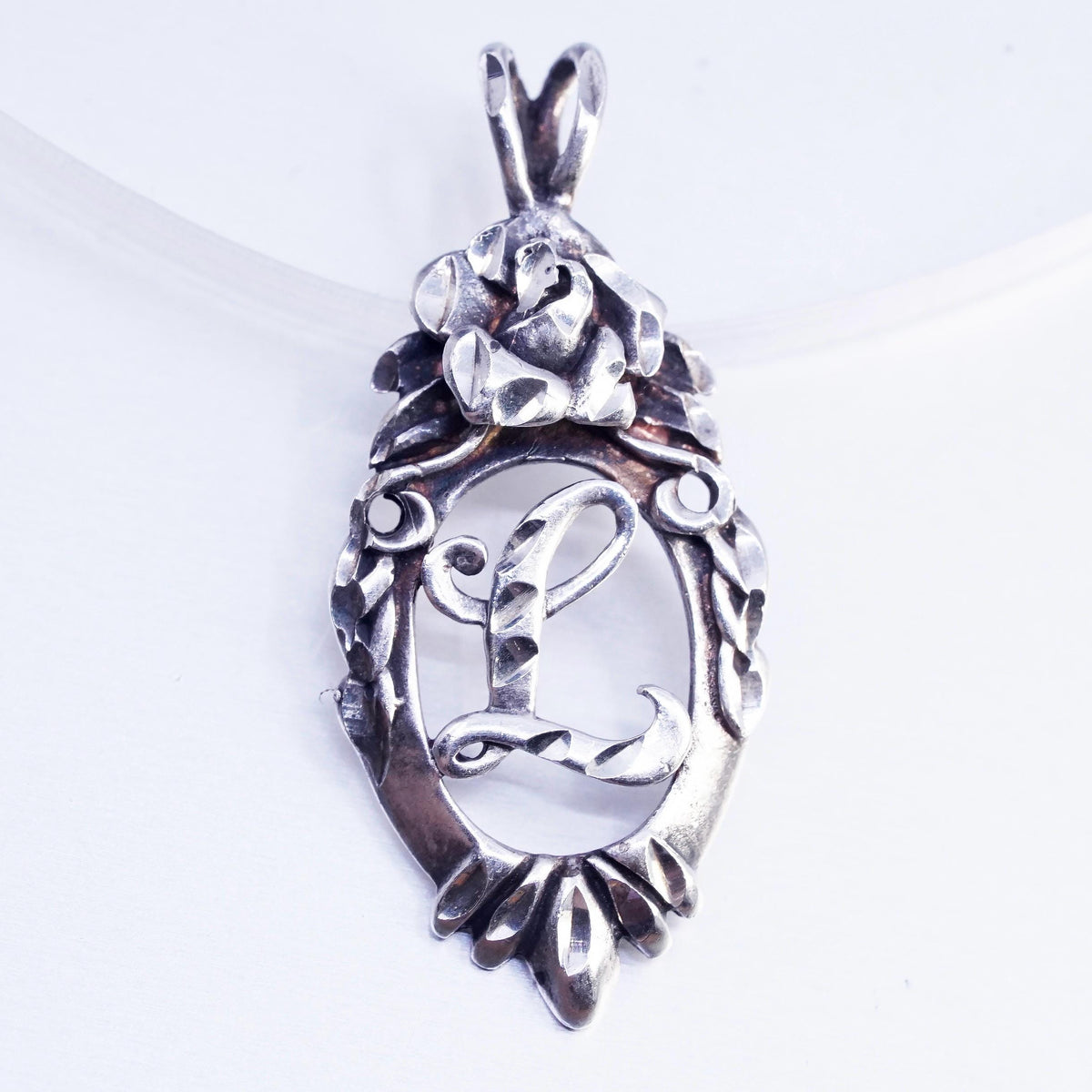 Vintage diamond cut sterling 925 silver letter L charm pendant with rose flower