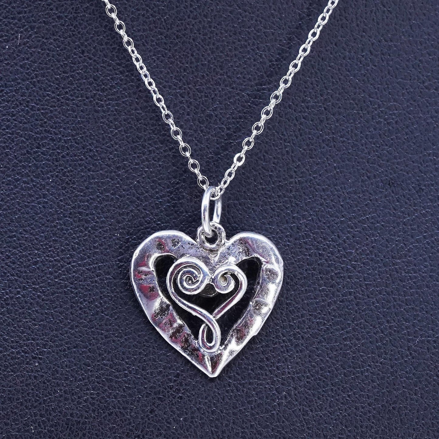 15", vintage Sterling 925 silver handmade circle necklace with heart pendant