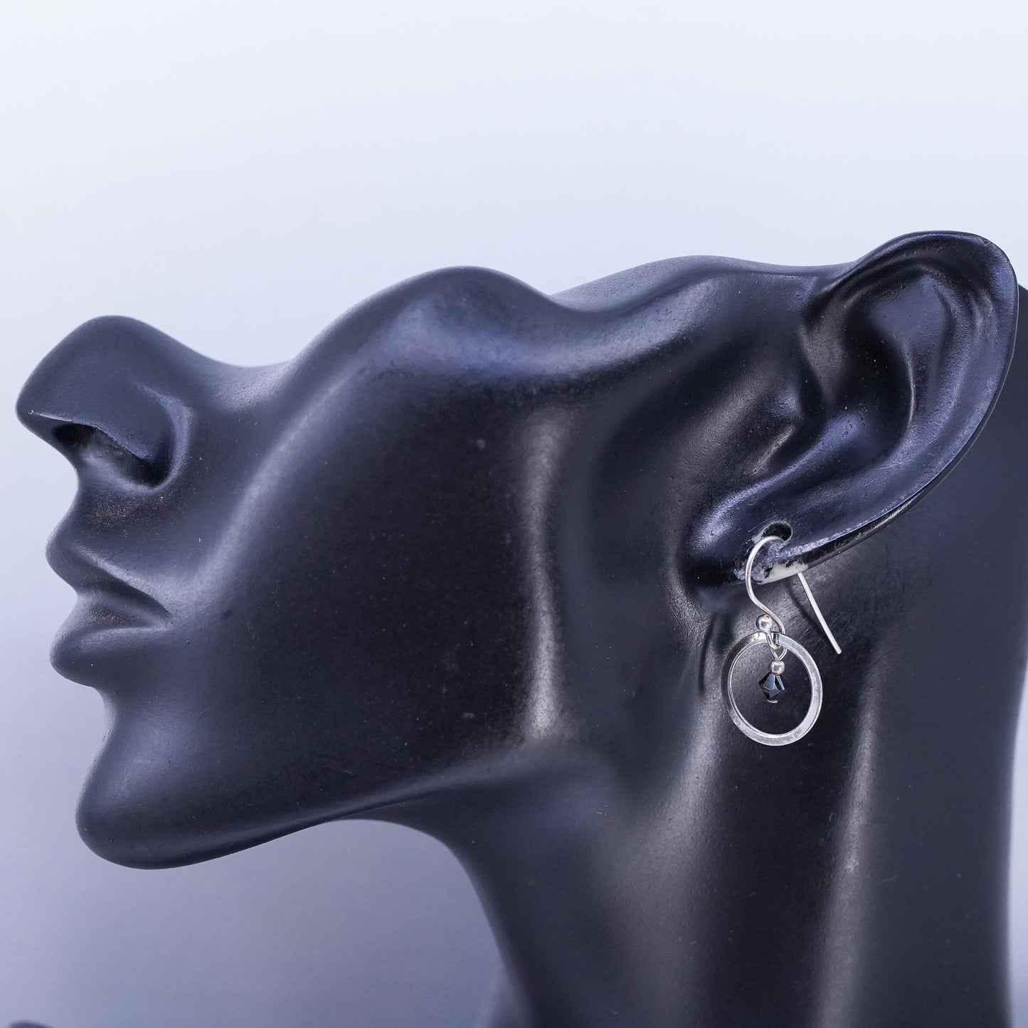 Vintage Sterling silver Handmade earrings, 925 circle with onyx bead dangles