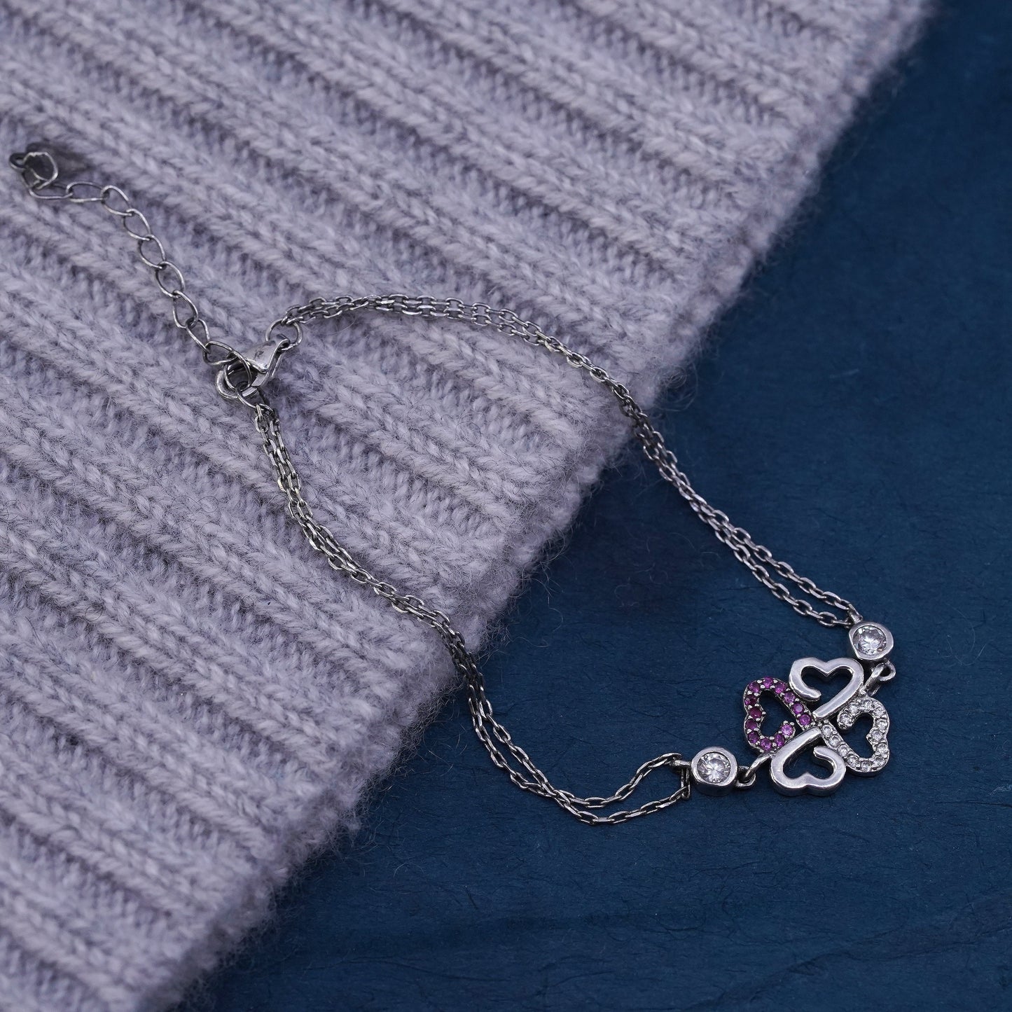 6.5+1", Sterling silver bracelet, multi strands 925 chain clover charm ruby