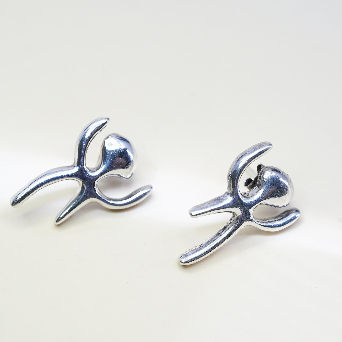 Vintage 950 Sterling Silver Abstract Figure Earrings, Artisan Sculptural Studs