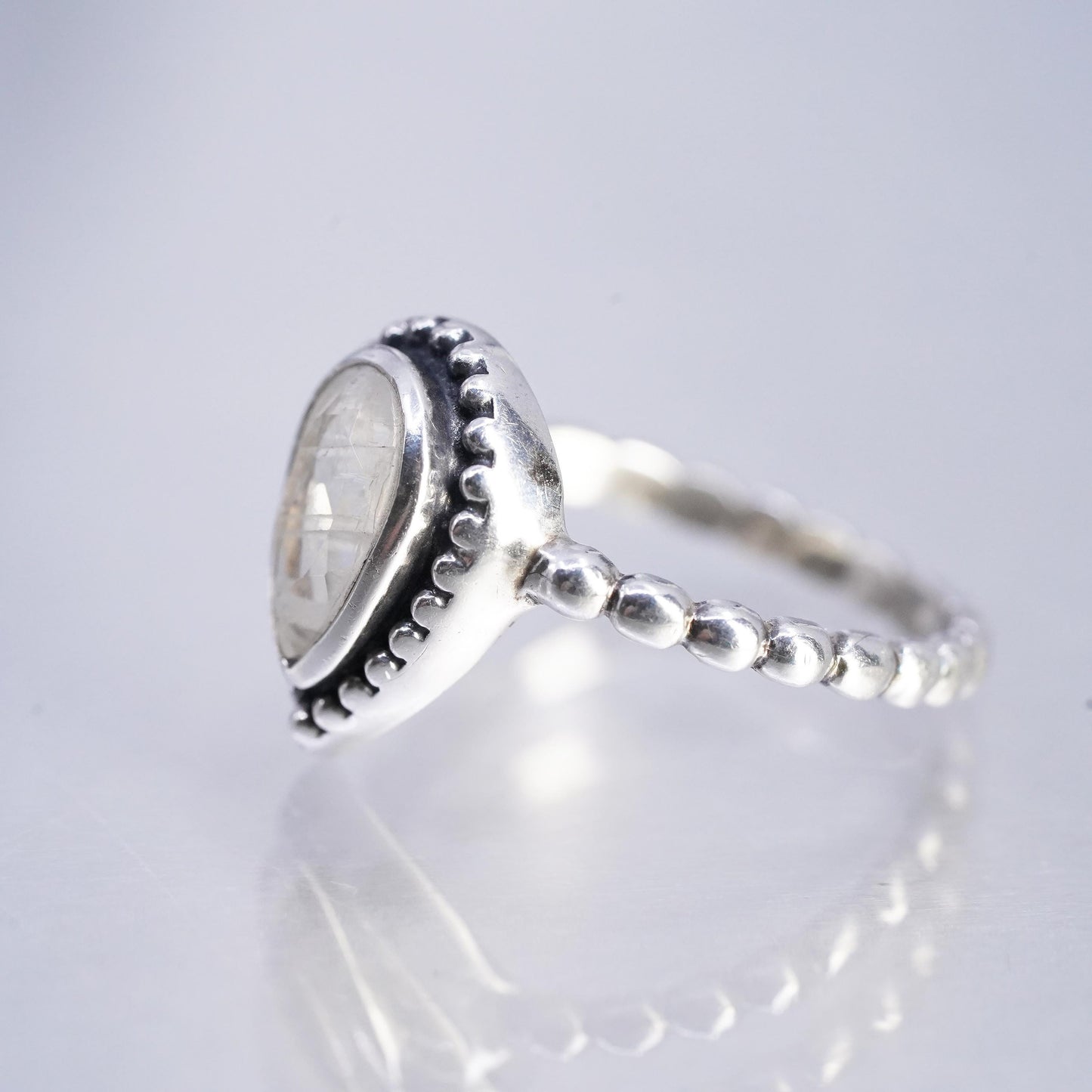 Size 7.25, YS Sterling 925 silver handmade beaded ring with teardrop moonstone