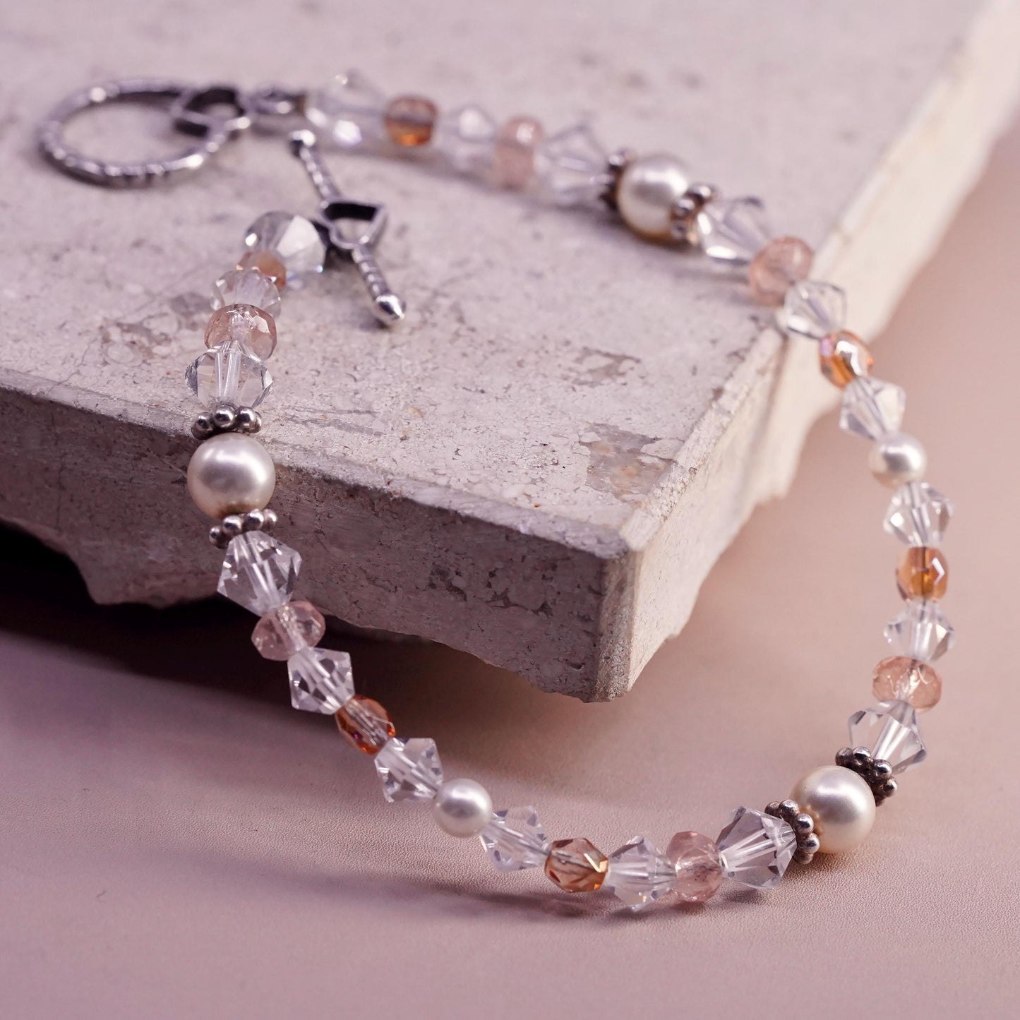 7", vintage sterling silver bracelet, 925 heart toggle closure w/ crystal beads