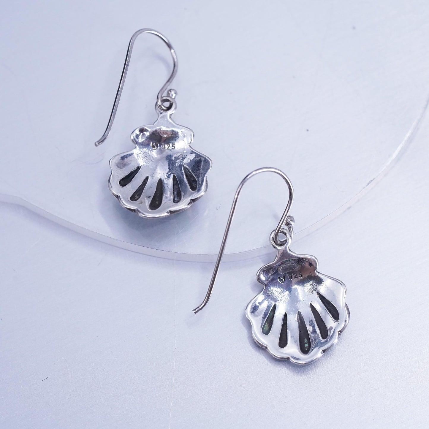 Vintage Sterling 925 silver handmade shell earrings with abalone inlay