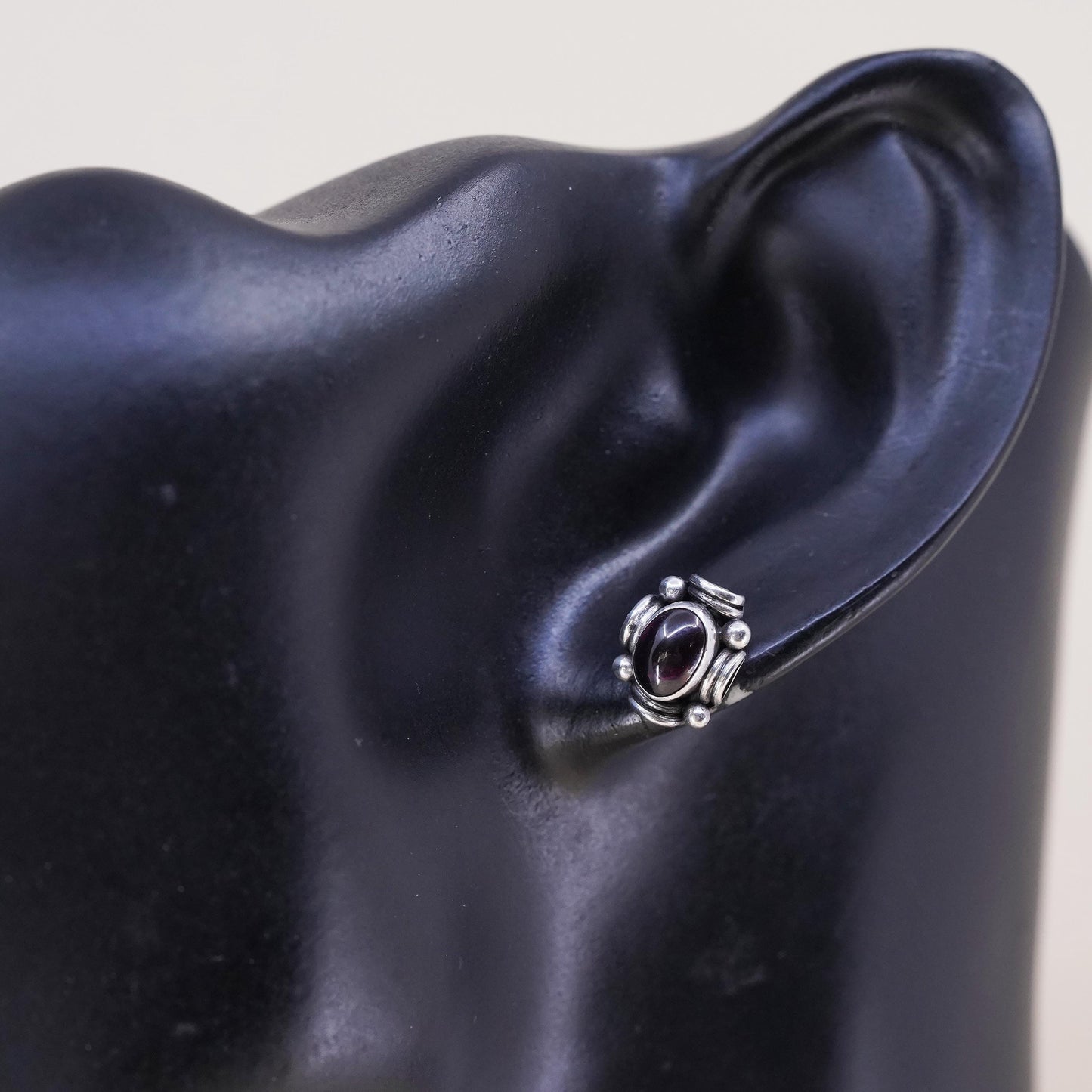 Vintage handmade single earring. Sterling 925 silver stud with garnet