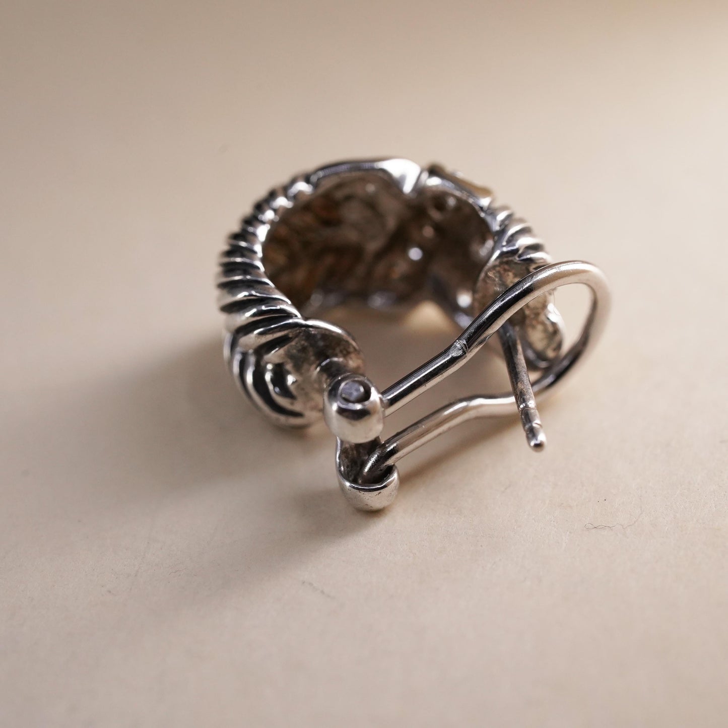 Vintage Sterling 925 silver handmade stud w/ cz, cable textured single earring