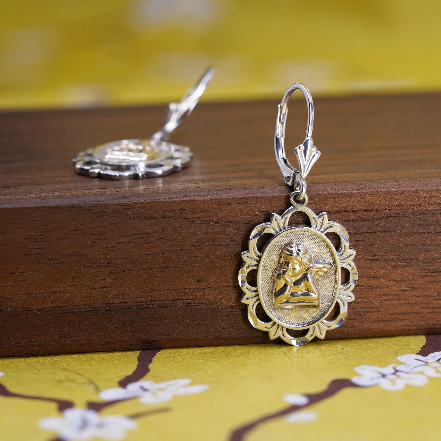 Michael Anthony Sterling 925 silver earrings w/ 14K yellow gold guardian angel