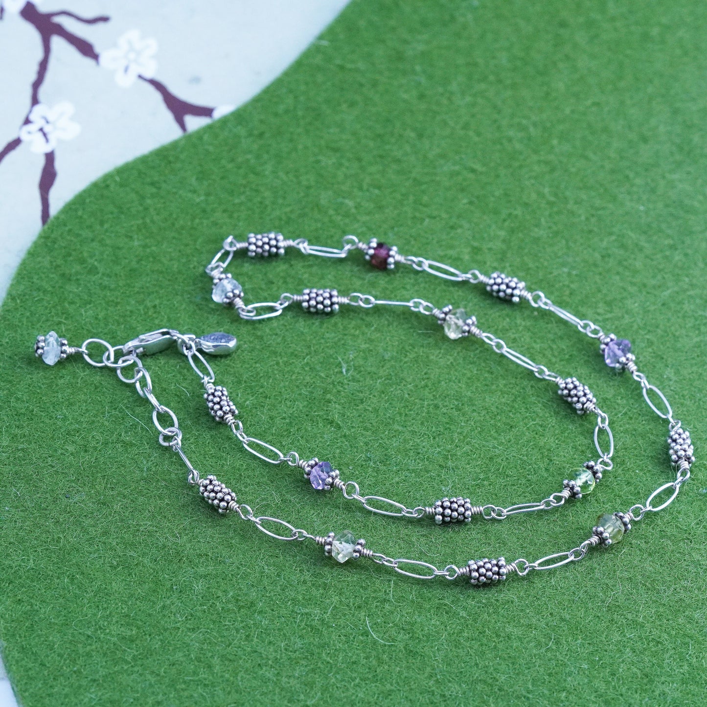 17", Classic Rocks Sterling 925 silver bead necklace w/ peridot amethyst beads