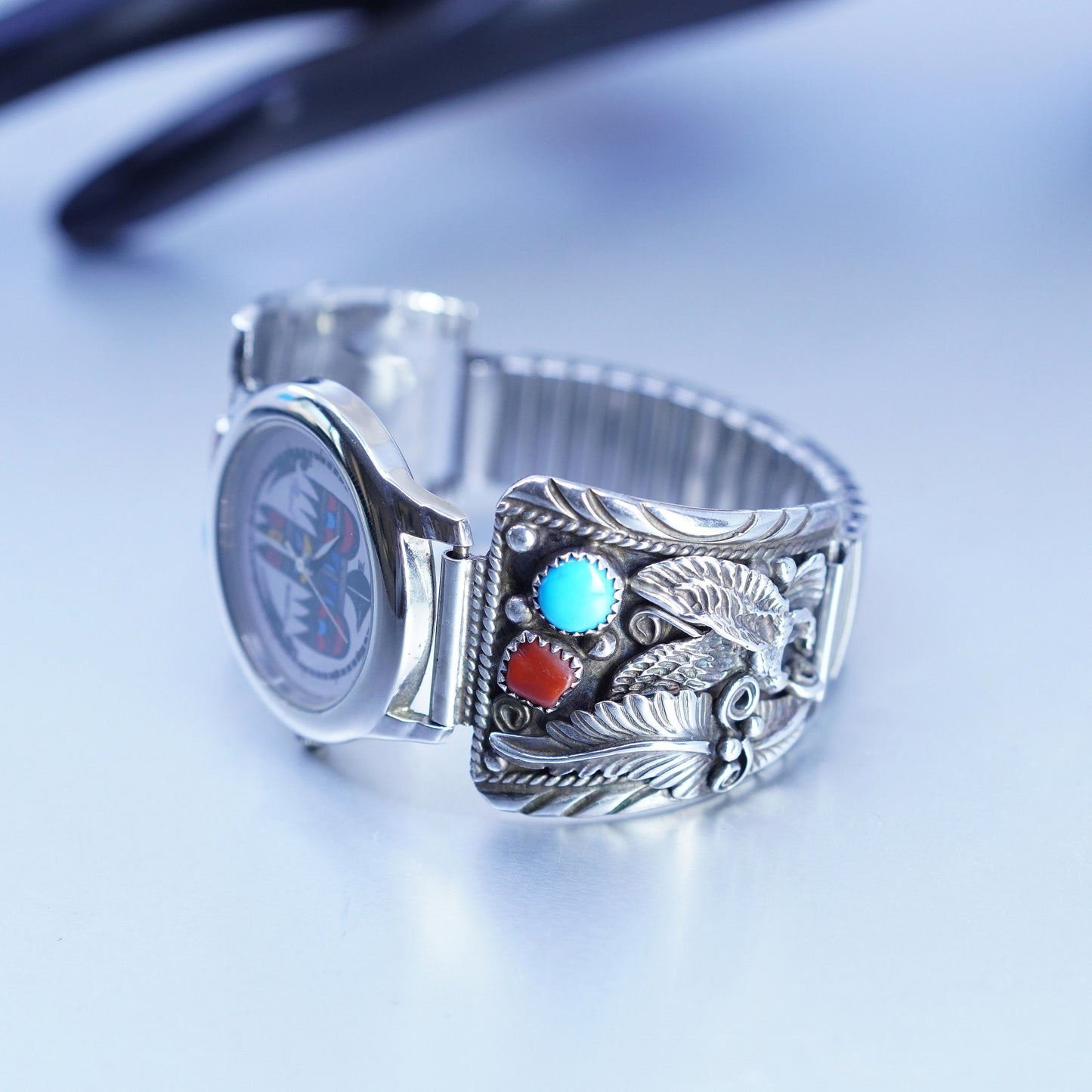 7”, Navajo Quartz Watch Sterling 925 silver eagle turquoise coral thunderbird