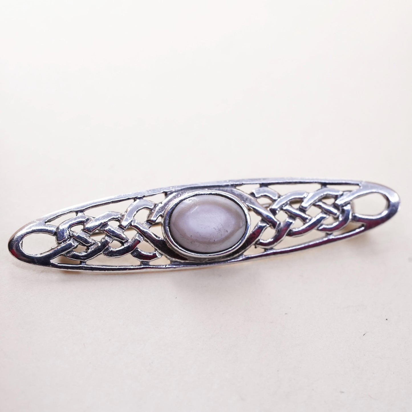 Vintage sterling 925 silver Celtic knot brooch pendant mother of pearl inlay