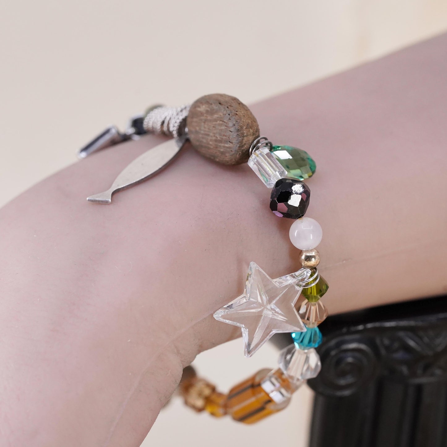 7", stretchy bracelet wood howlite beads prayer cross fish heart bible charms