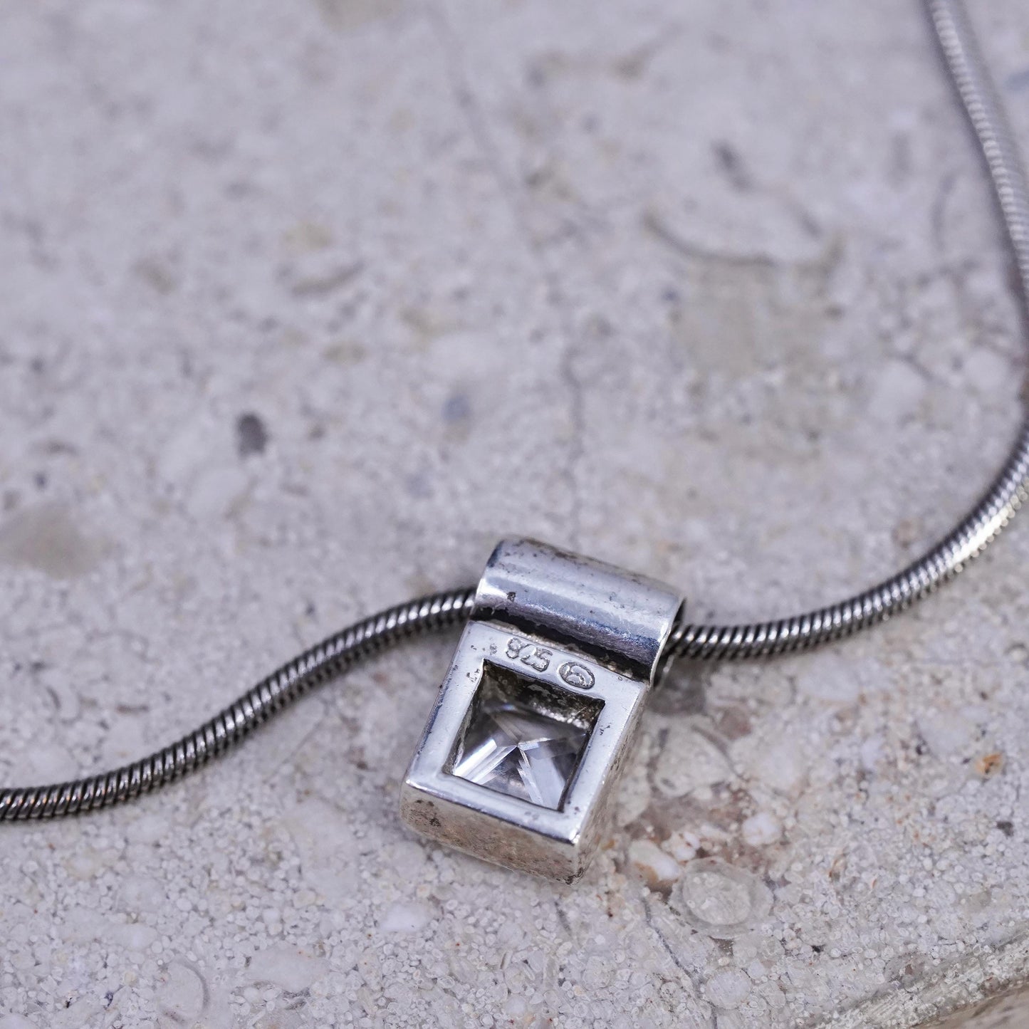 15+1", vintage Sterling silver necklace, 925 snake chain with square cz pendant