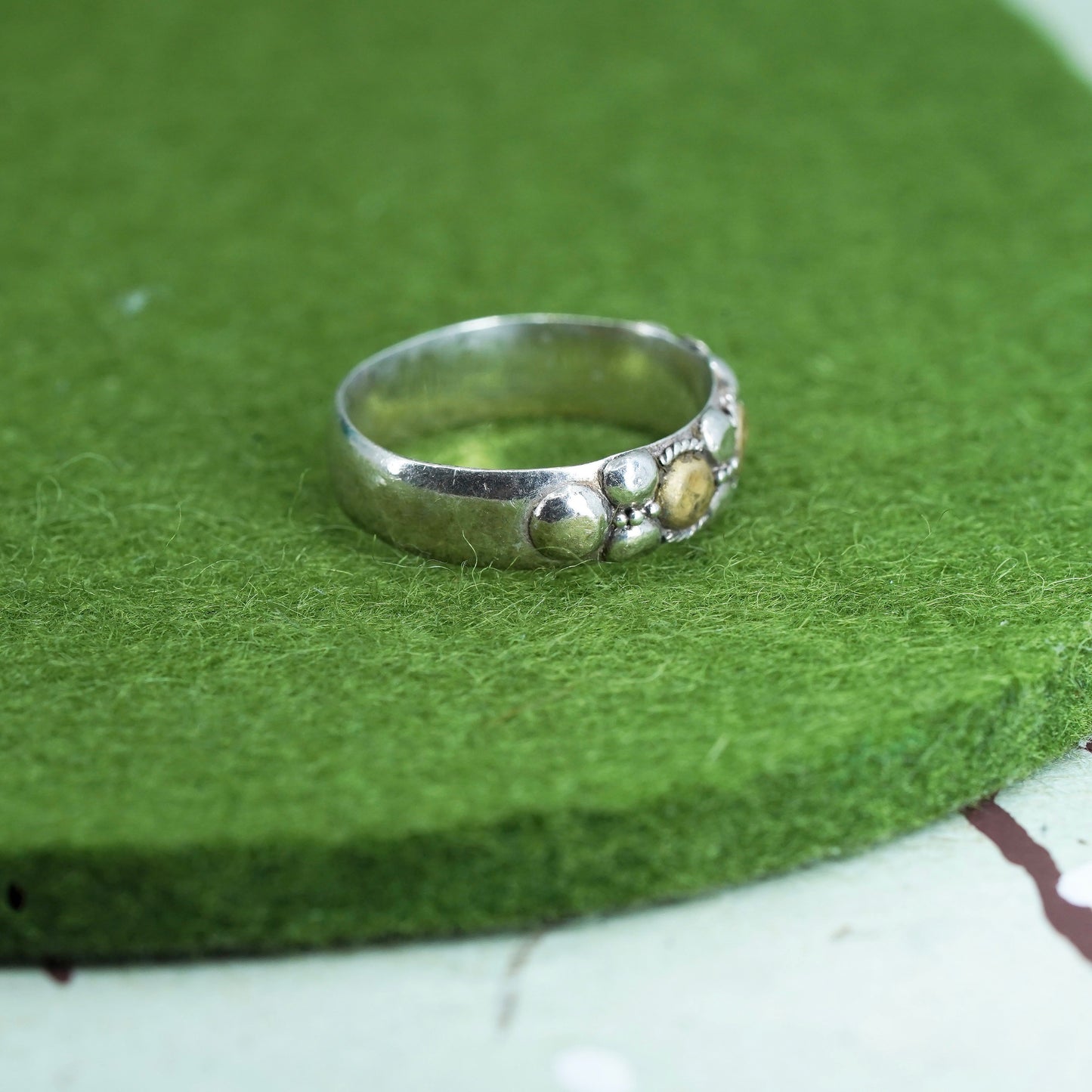 Size 6, vintage two tone Sterling 925 silver handmade ring band w/ brass beads