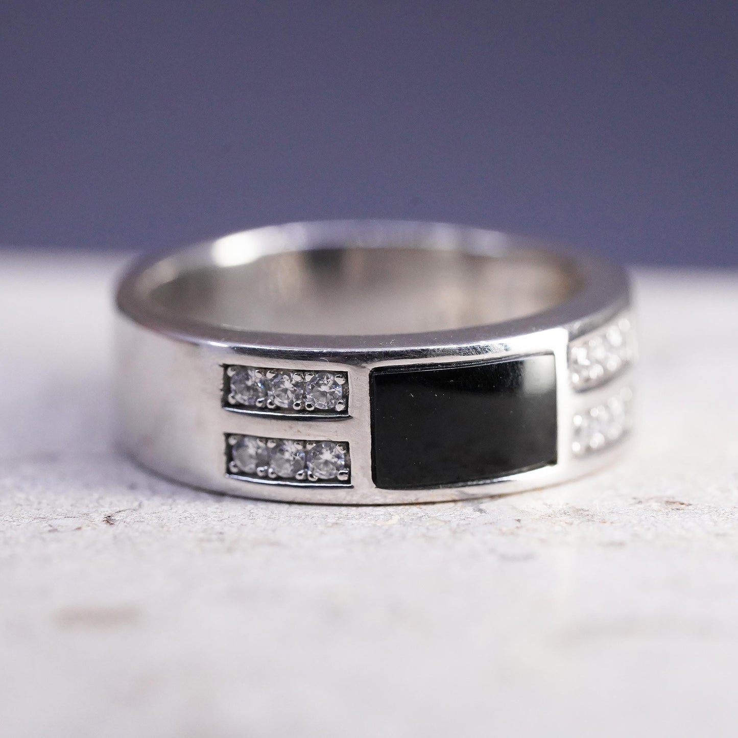 Size 8, 925 Sterling Silver Black Onyx Ring, Men’s CZ Band, Modernist Wide Ring