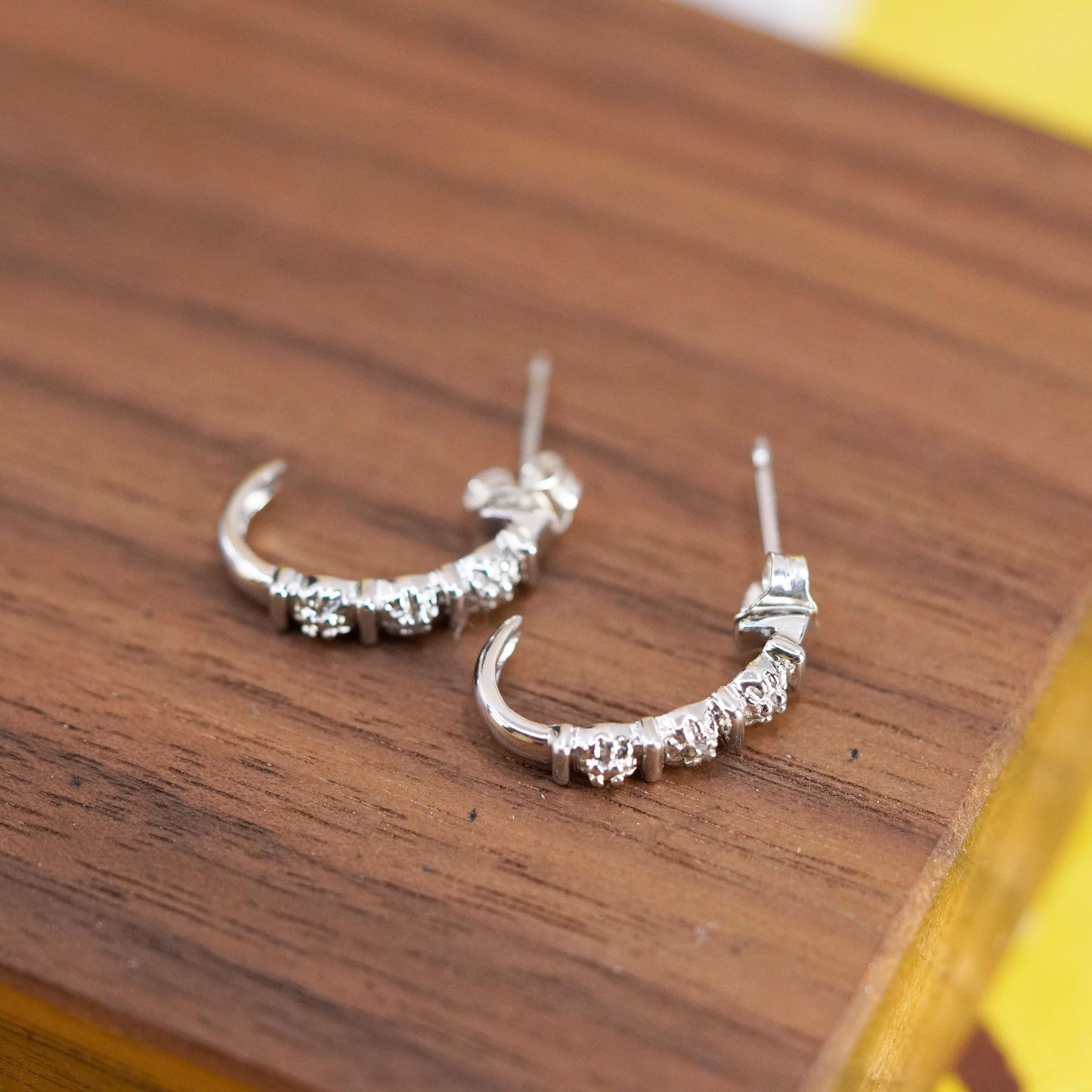 0.5”, Vintage Sterling 925 silver huggie studs earrings with diamond