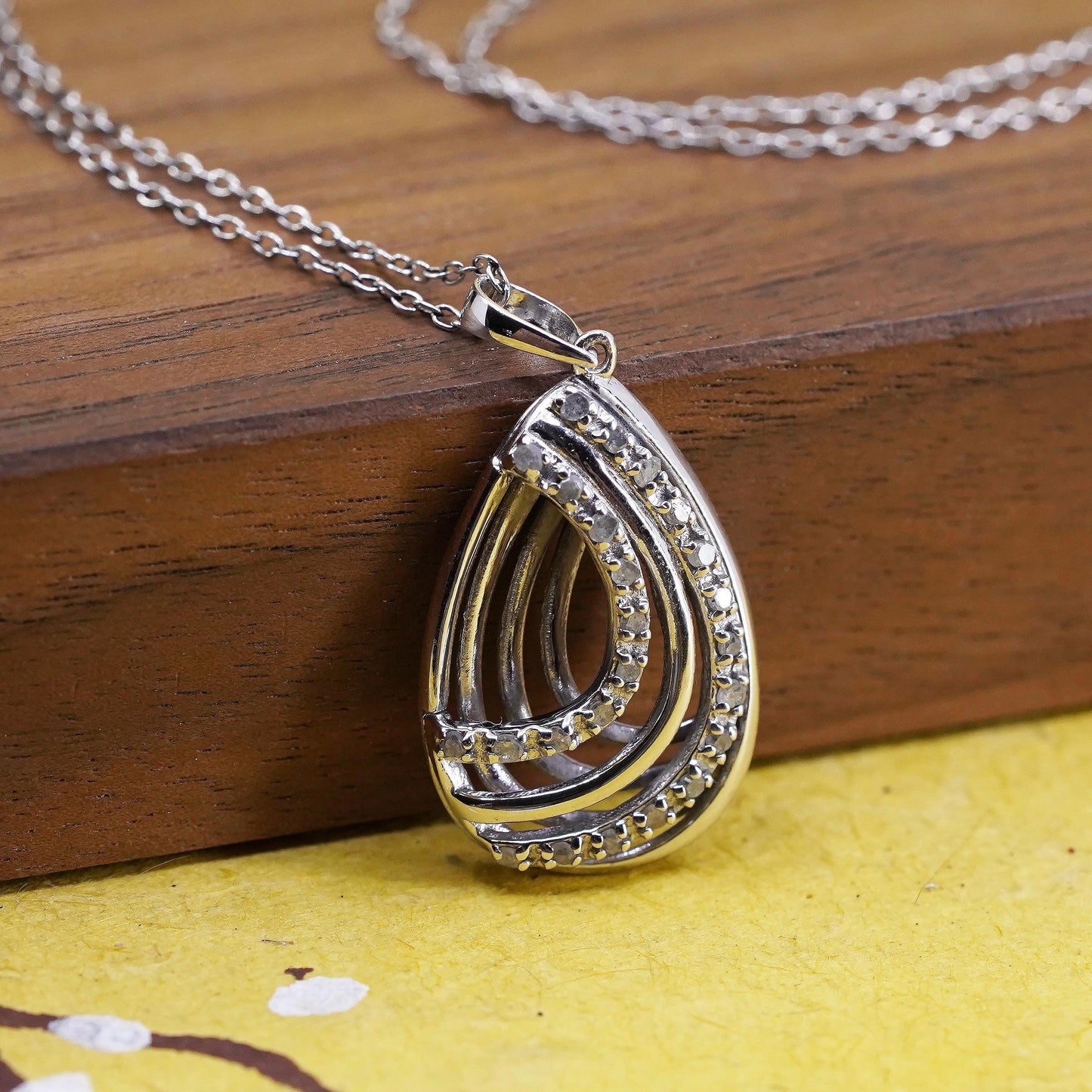 18” Sterling silver necklace, 925 circle chain cluster diamond teardrop pendant