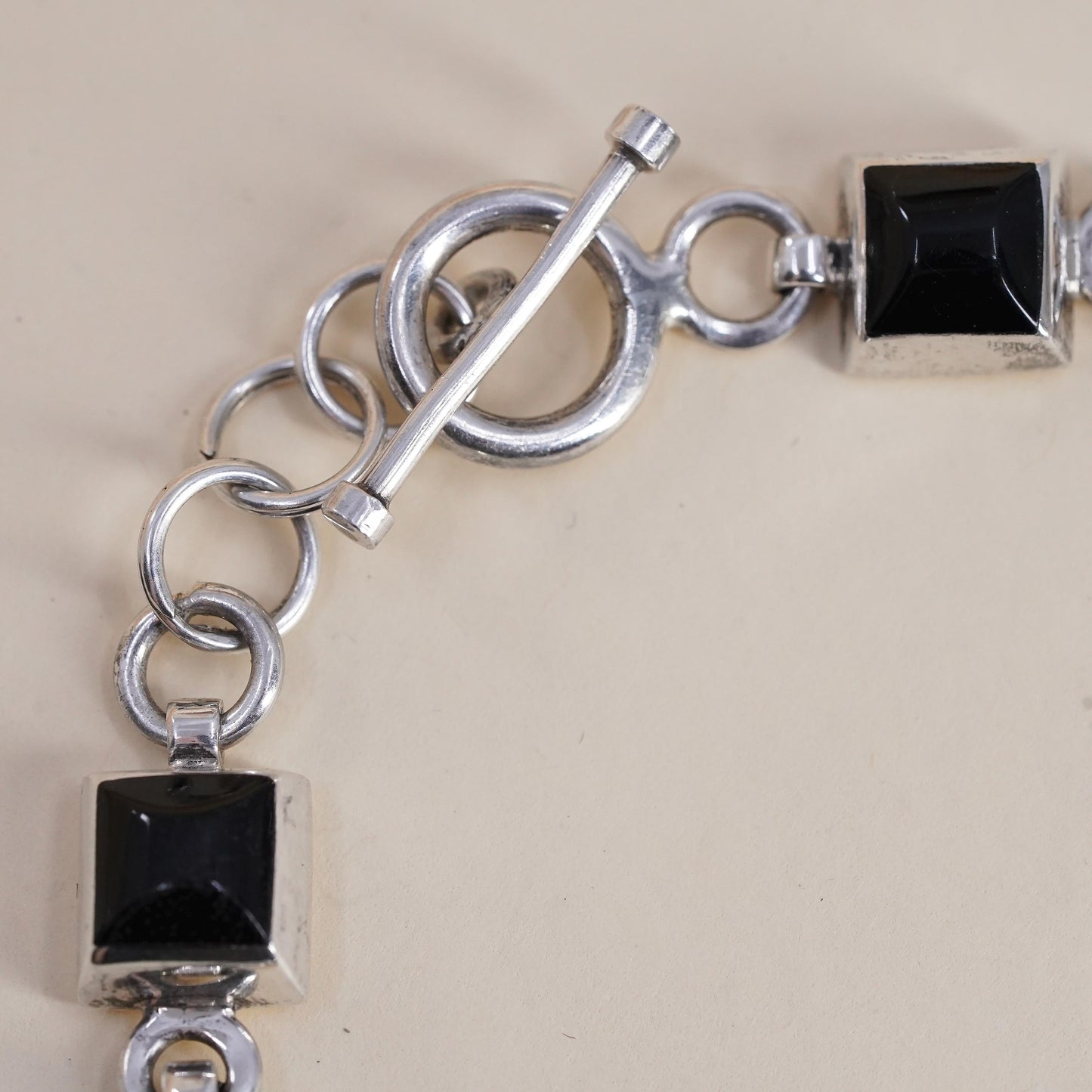 7.75", Vintage Mexican Sterling Silver Black Onyx Bracelet, Square Onyx chain