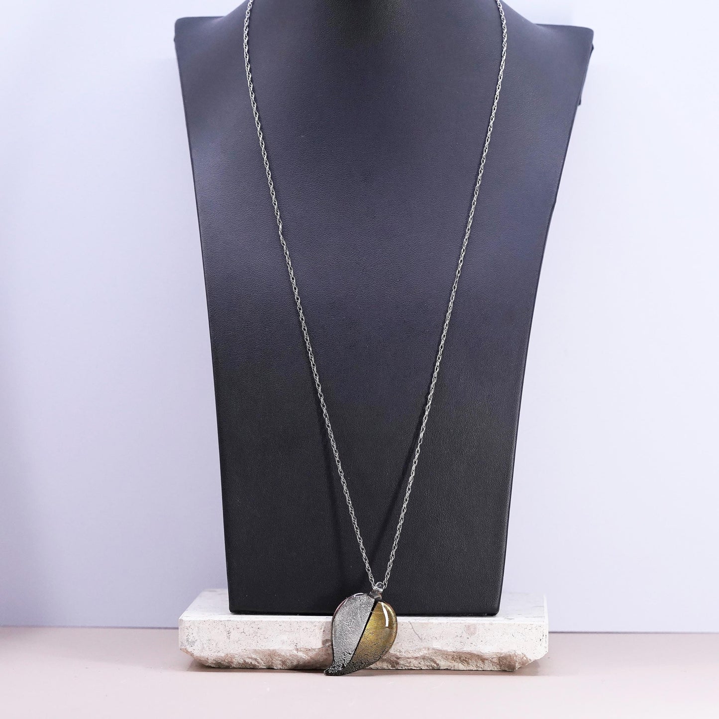 26”, Sterling silver necklace, 925 rope chain foiled glass leaf pendant