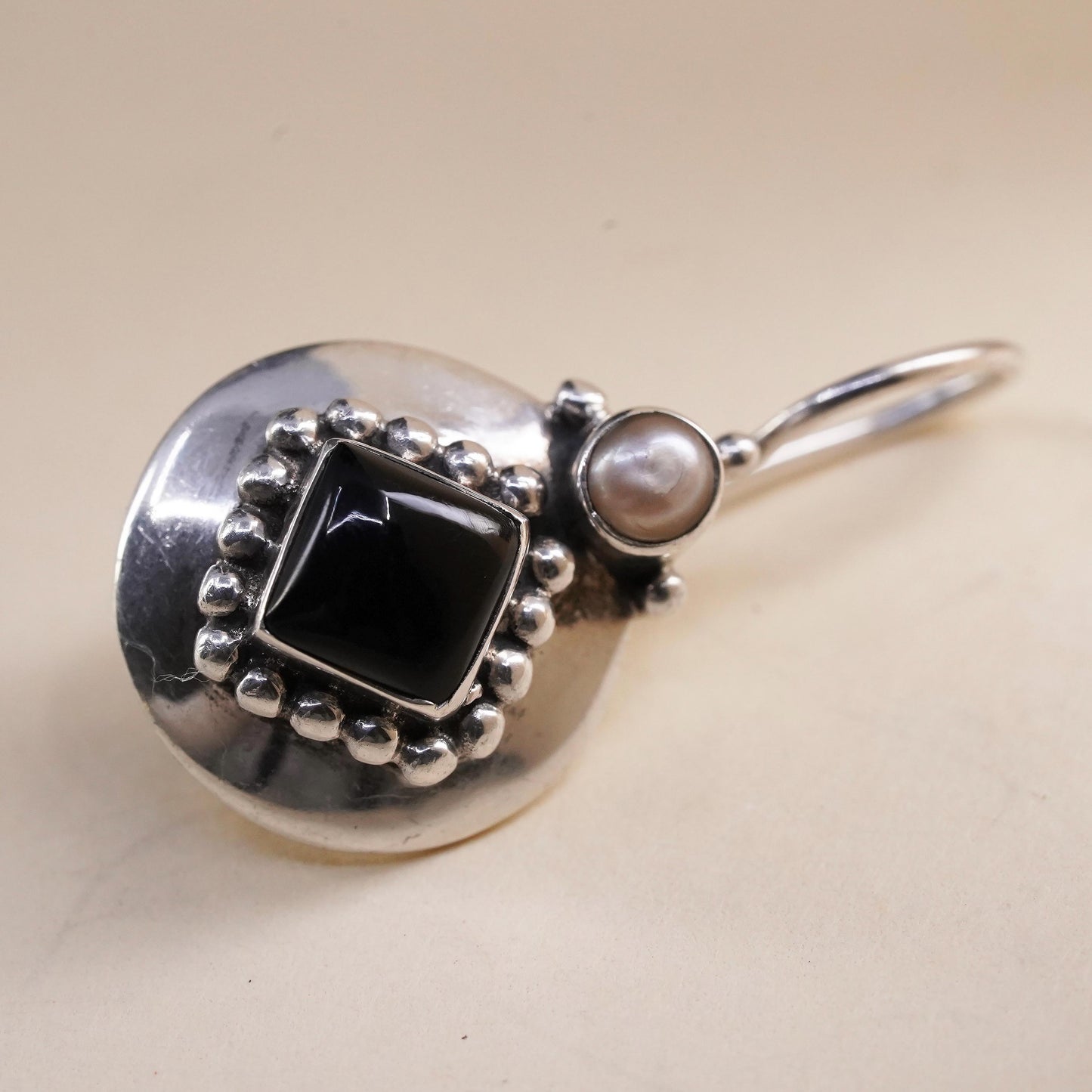 Vintage handmade single earring. Sterling 925 silver hook with onyx and pearl