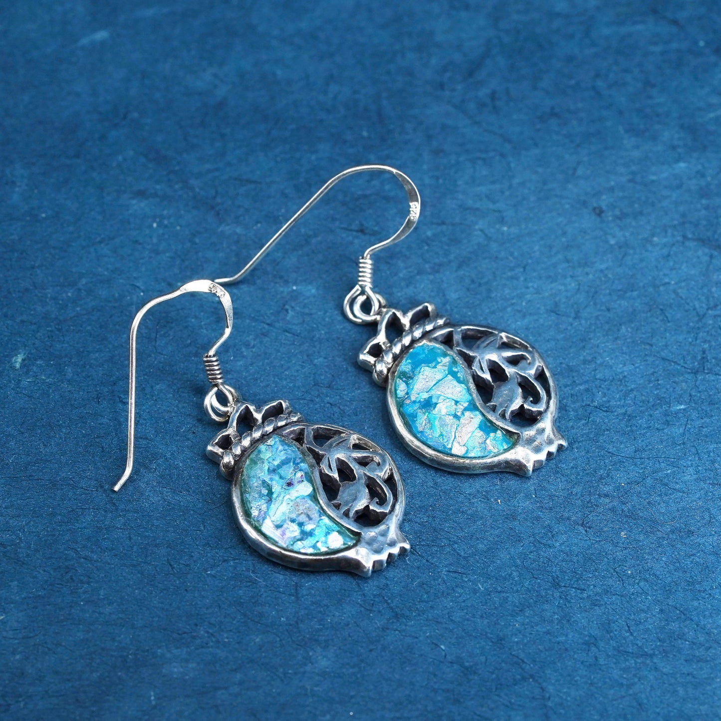 Vintage designer Sterling 925 silver handmade circle earrings with Roman glass