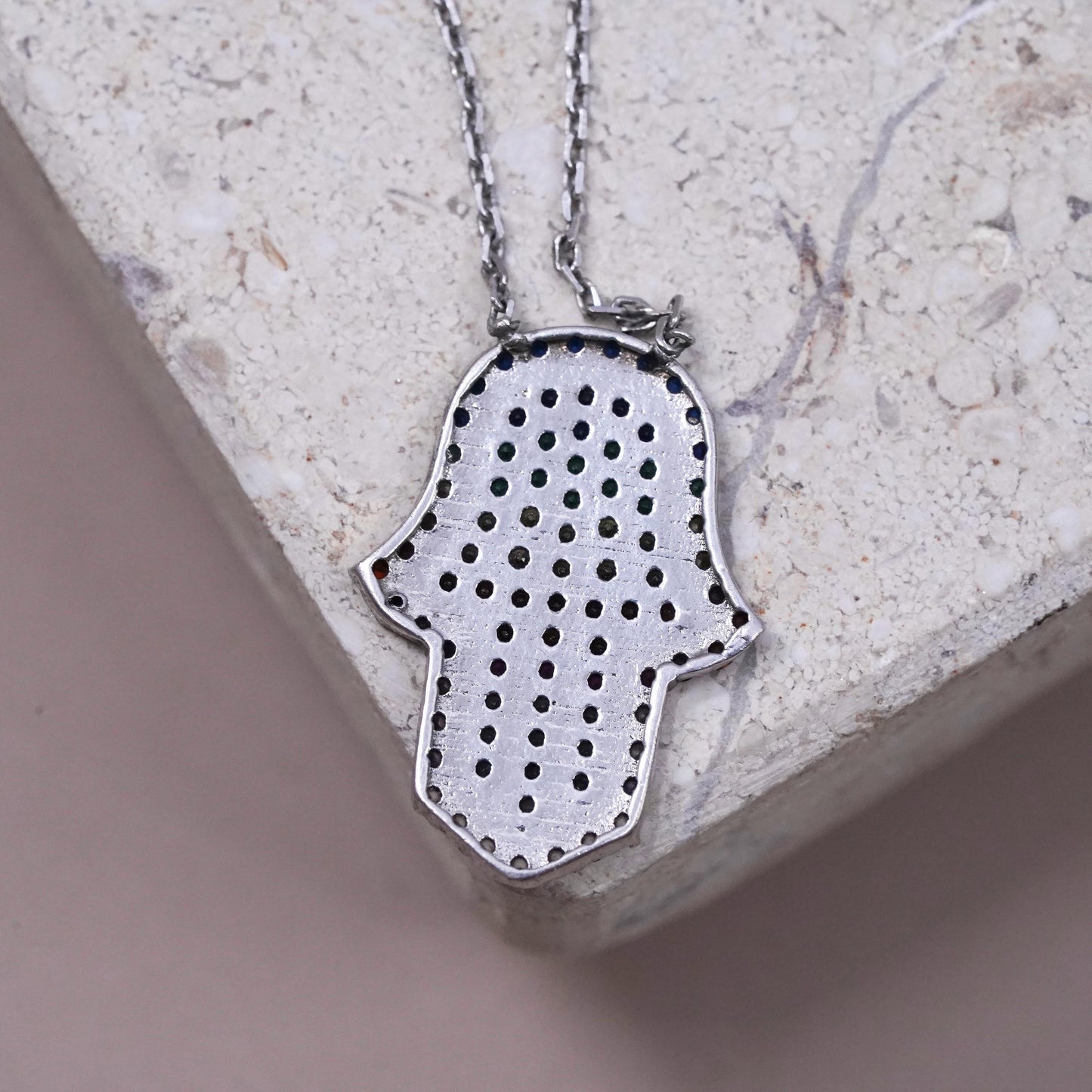 16+1”, vintage Sterling silver necklace, 925 circle chain healing hand pendant