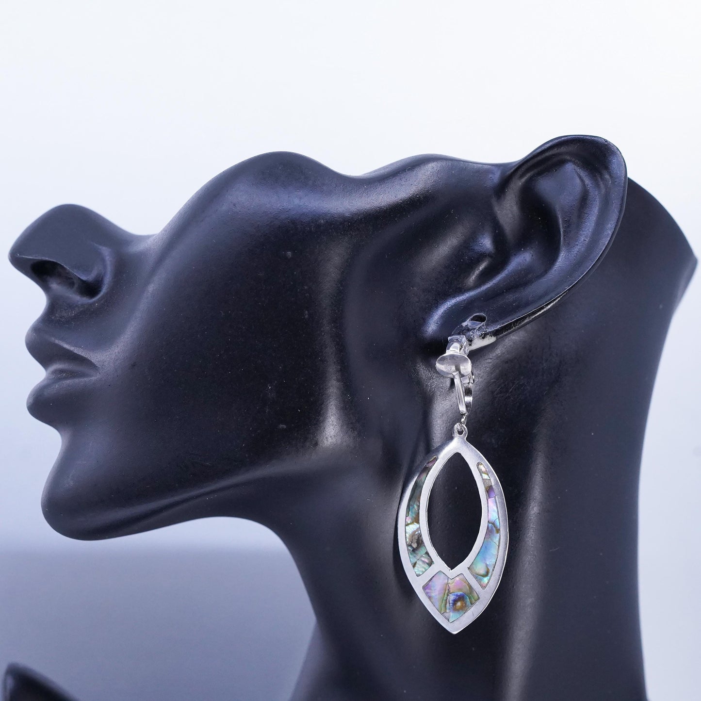 Vintage Mexican Sterling 925 silver earrings, leaf dangles clip on with abalone