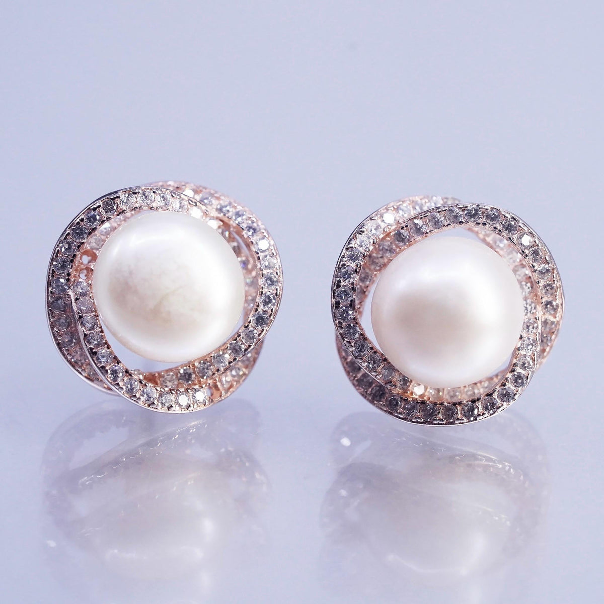 Vermeil Gold Sterling Silver 925 Earrings, Rose Gold Tone CZ Halo, Pearl Studs