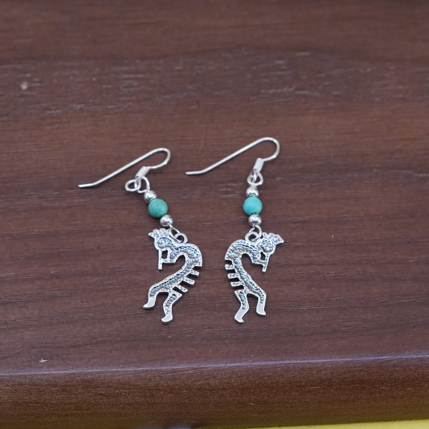 Native American Sterling silver earrings, 925 Kokopelli drops w/ turquoise bead