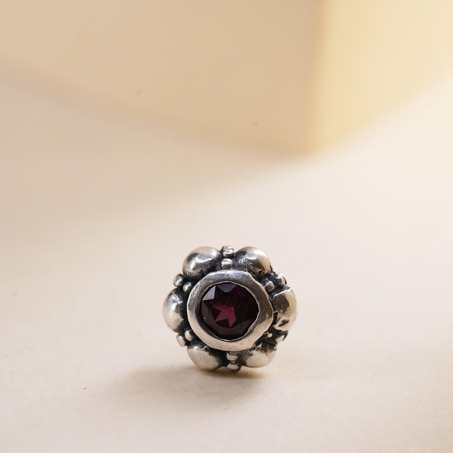 Vintage handmade single earring. Sterling 925 silver stud with garnet