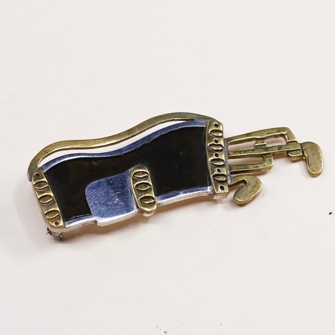 Vintage two tone sterling silver golf cart bag brooch with black enamel Inlay, Mexico 925 silver handmade brooch, stamped Mexico 925