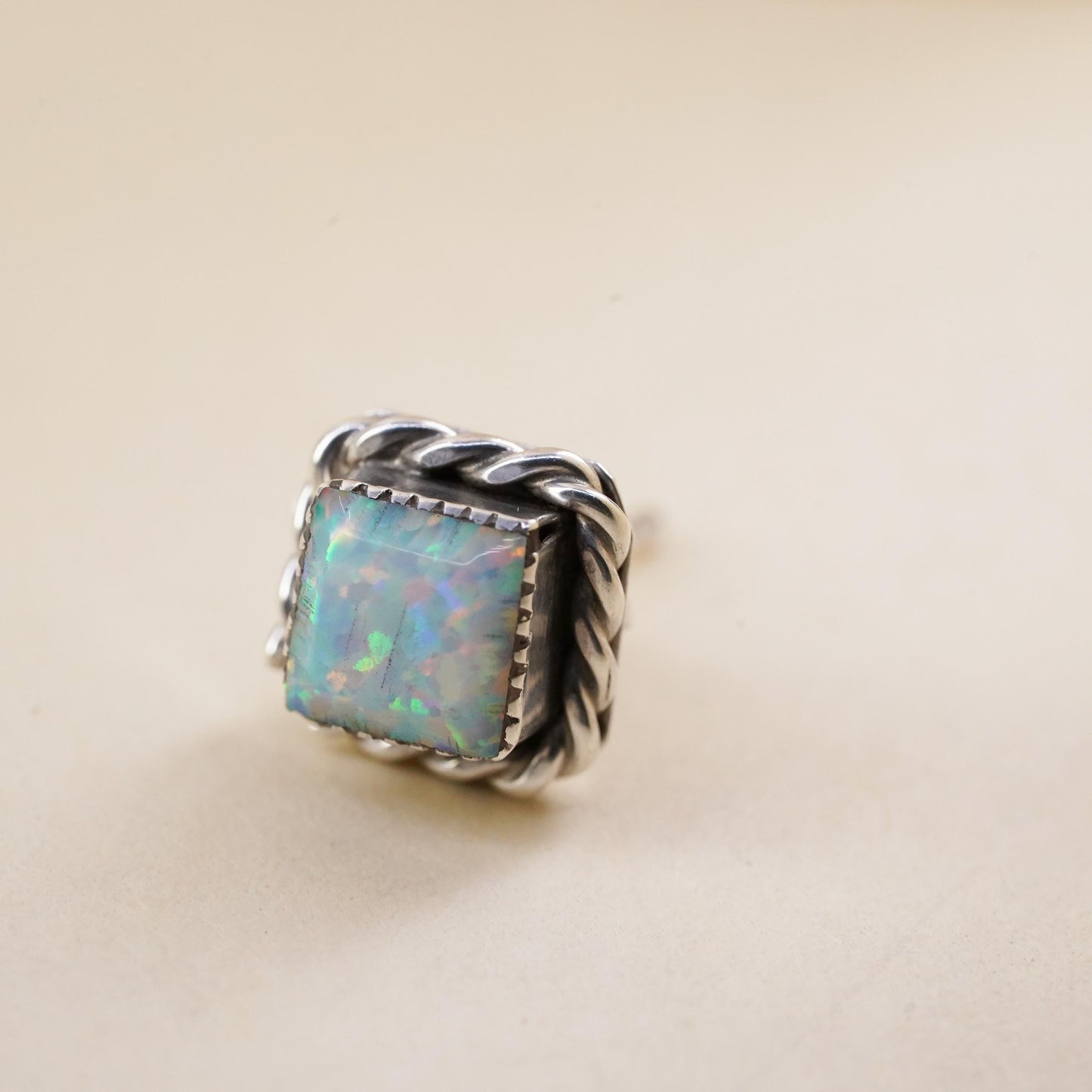 Vintage handmade single earring. Sterling 925 silver square stud with opal