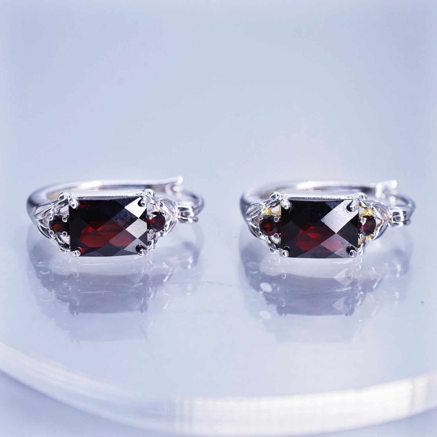 0.75”, vintage fashionable Sterling silver earrings, 925 Huggie hoops garnet
