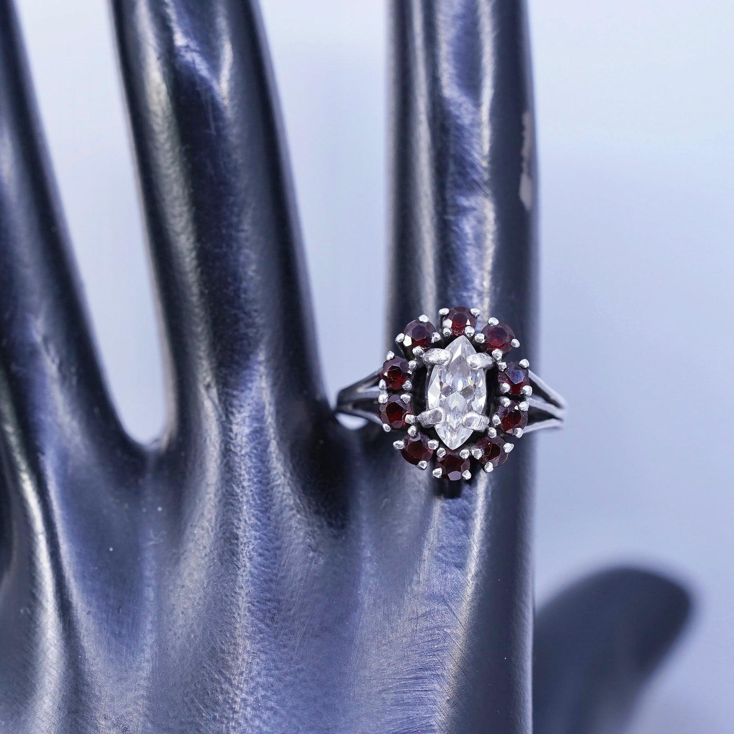 Size 8, vintage Sterling 925 silver engagement ring with ruby and cz