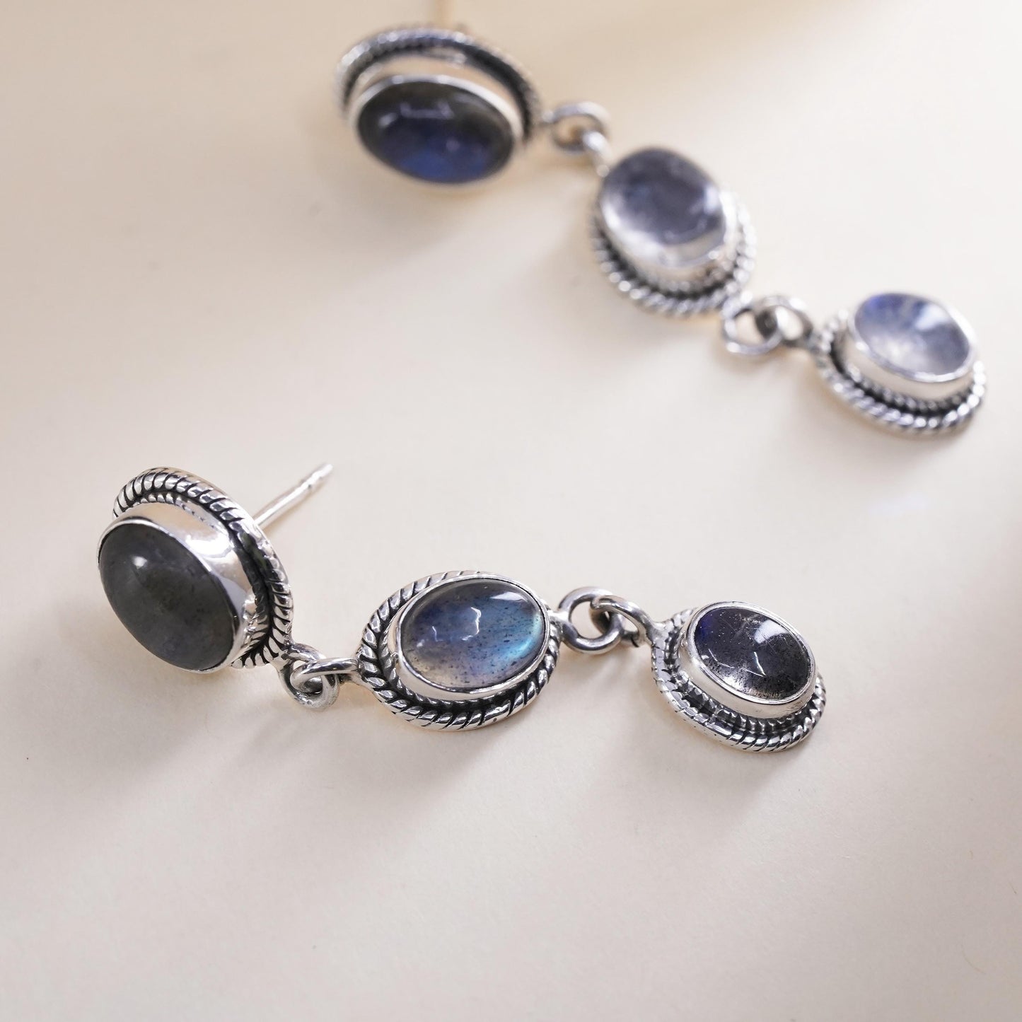 Vintage R&G Sterling 925 silver handmade earrings with moonstone