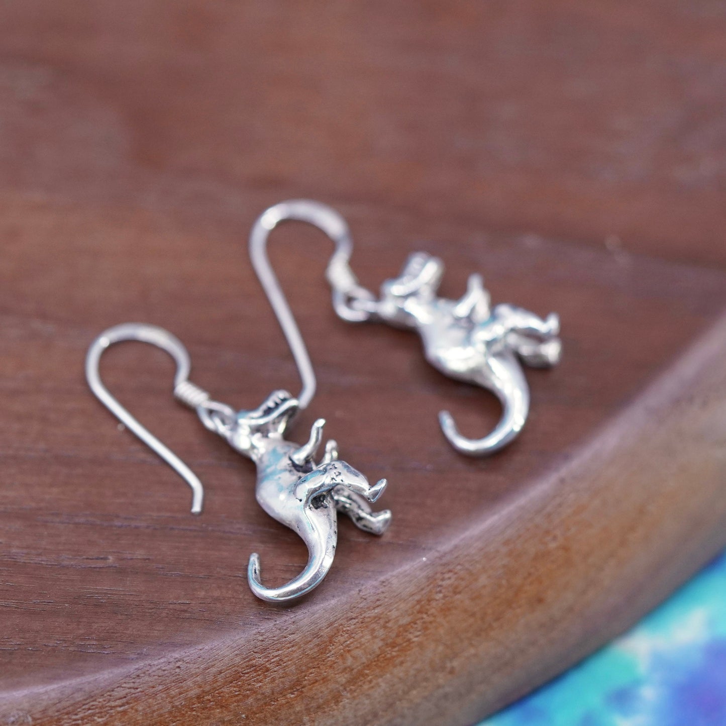 Vintage Sterling silver handmade earrings, 925 dinosaur, T-Rex drops