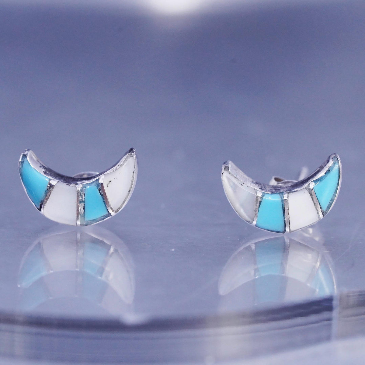 Native American Zuni Sterling 925 silver earrings, moon studs turquoise lapis