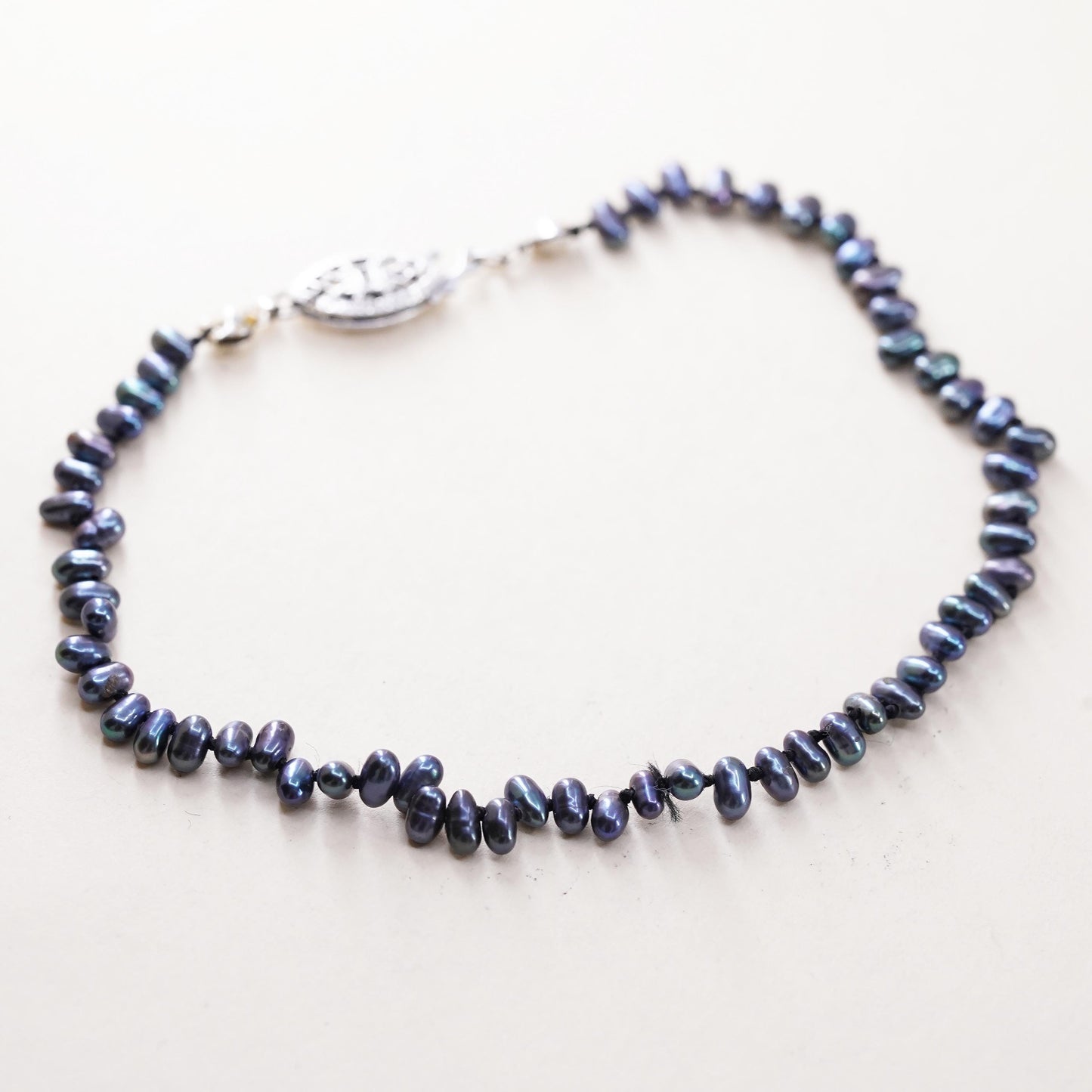 8", vintage sterling 925 silver handmade bracelet with black pearl beads