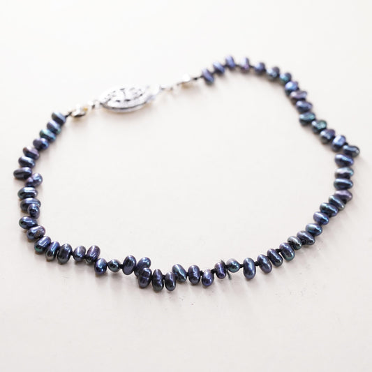 8", vintage sterling 925 silver handmade bracelet with black pearl beads