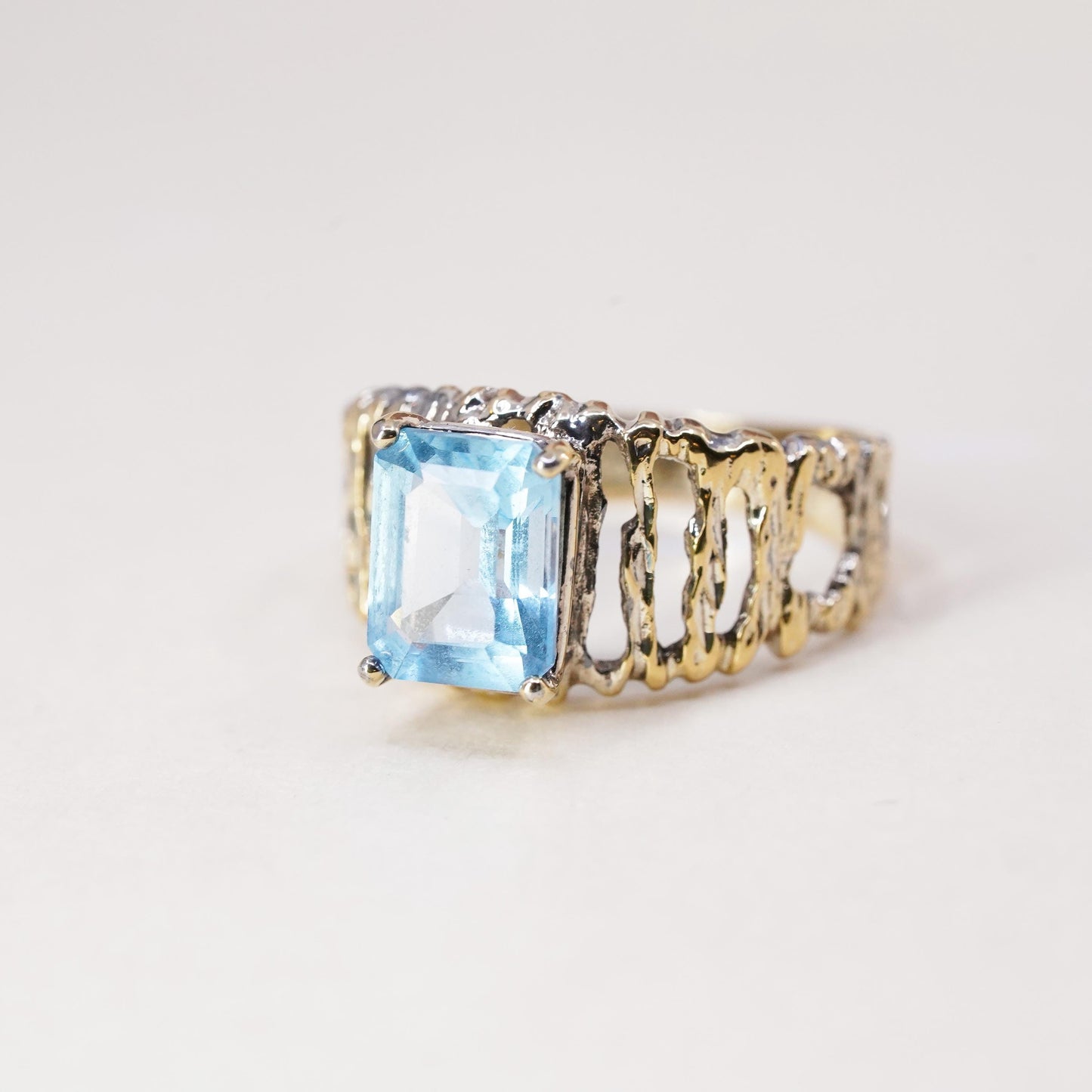 Size 7, vermeil gold over Sterling 925 silver ring with emerald cut topaz