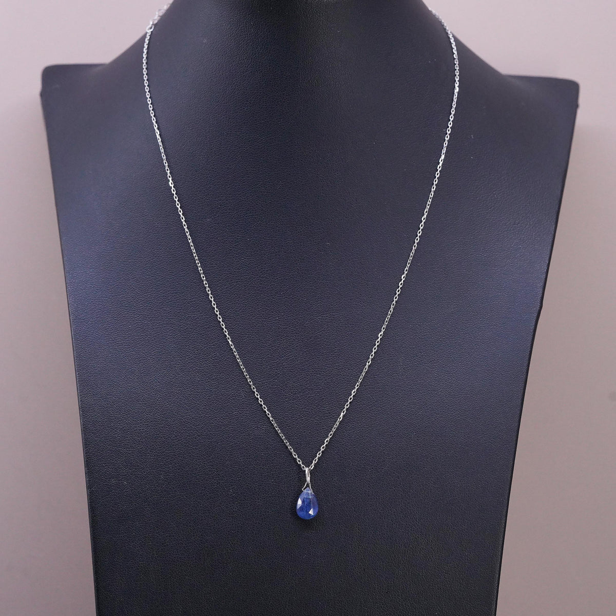 16+2”, Natural Blue Sapphire Faceted Teardrop Pendant Necklace Sterling Silver